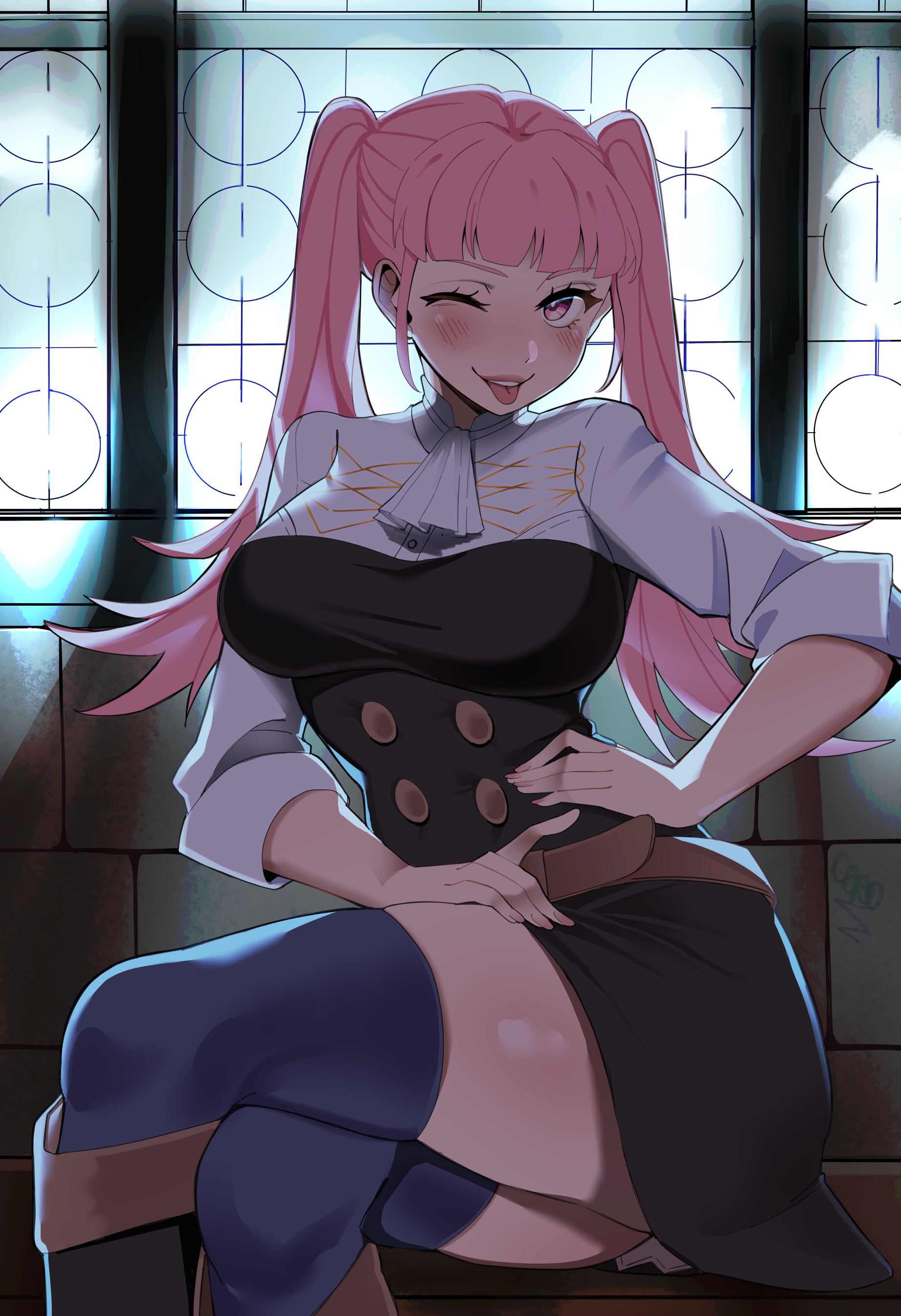 ;p, 1girls, absurdres, ass, ass in dress, bare thighs, big ass, big breasts, blunt bangs, blush, blushing, breasts, ceroccb, clothes lift, crossed legs, female, female only, fire emblem, fire emblem: three houses, garreg mach monastery uniform, hand on own hip, highres, hilda valentine goneril, indoors, large breasts, lipstick, looking at viewer, makeup, nintendo, one eye closed, pigtails, pink eyes, pink hair, pink lipstick, school uniform, seductive smile, skirt lift, smile, solo, teasing, thick thighs, thighhighs, thighs, tongue, tongue out, twintails, window, wink, winking at viewer