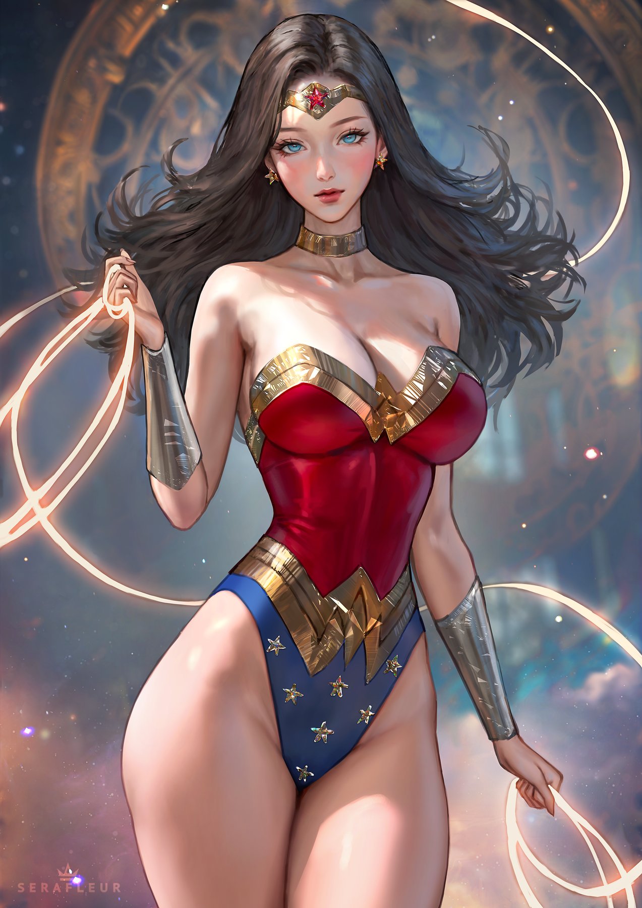 big_breasts big_hips blue_eyes brown_hair collar dc dc_comics large_hips long_hair revealing_clothes serafleur small_waist solo thick_thighs tight_clothing wonder_woman wonder_woman_(series)