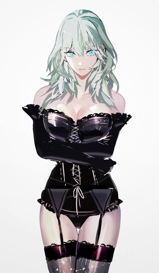 1girls alternate_costume alternate_hair_color arms_under_breasts bare_thighs black_gloves black_panties bodice breasts bustier byleth_(female)_(fire_emblem) byleth_(fire_emblem) byleth_(fire_emblem)_(female) cleavage crossed_arms elbow_gloves female female_only fire_emblem fire_emblem:_three_houses garter_belt garter_straps gloves green_eyes green_hair lace large_breasts medium_hair nintendo panties patterned_legwear solo thighhighs thighs tsukimura_noe underwear