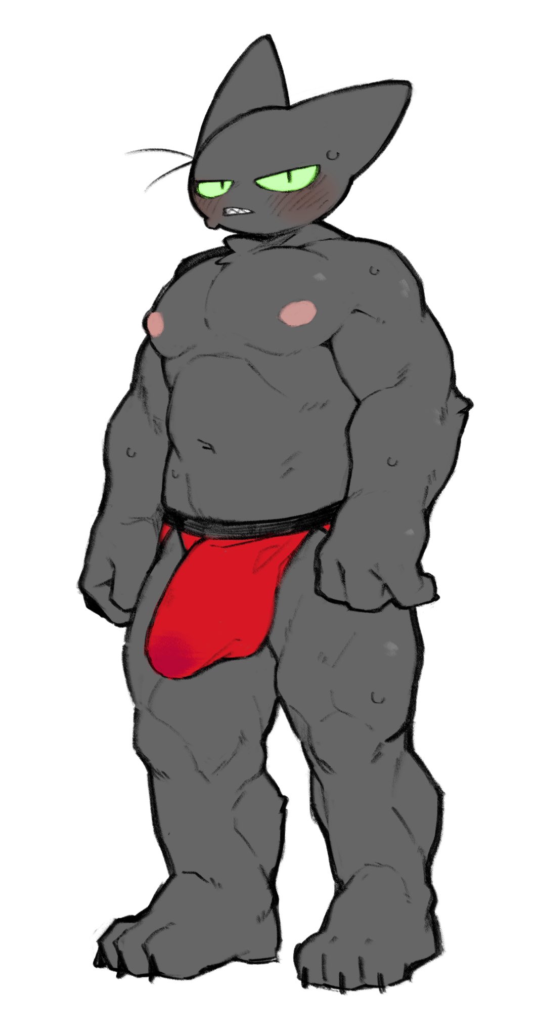 abs anthro big_bulge black_body black_fur blush bodily_fluids bulge cartoon_network clothing domestic_cat felid feline felis fur genital_fluids green_eyes hi_res male mammal mao_mao:_heroes_of_pure_heart muscular muscular_anthro muscular_legs muscular_male nipples pecs precum precum_through_clothing ra_tenpu sharp_teeth sheriff_mao_mao_mao solo teeth underwear wet wet_clothing