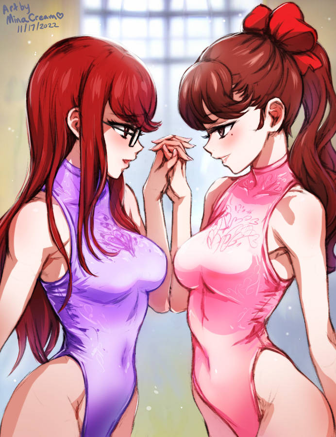 2girls athletic_leotard breasts brown_eyes glasses gymnastics hairbow highleg highleg_leotard holding_hands kasumi_yoshizawa large_breasts leotard long_hair minacream navel_visible_through_clothes persona persona_5 persona_5_royal pink_leotard ponytail purple_leotard red_hair sisters sumire_yoshizawa turtleneck turtleneck_leotard