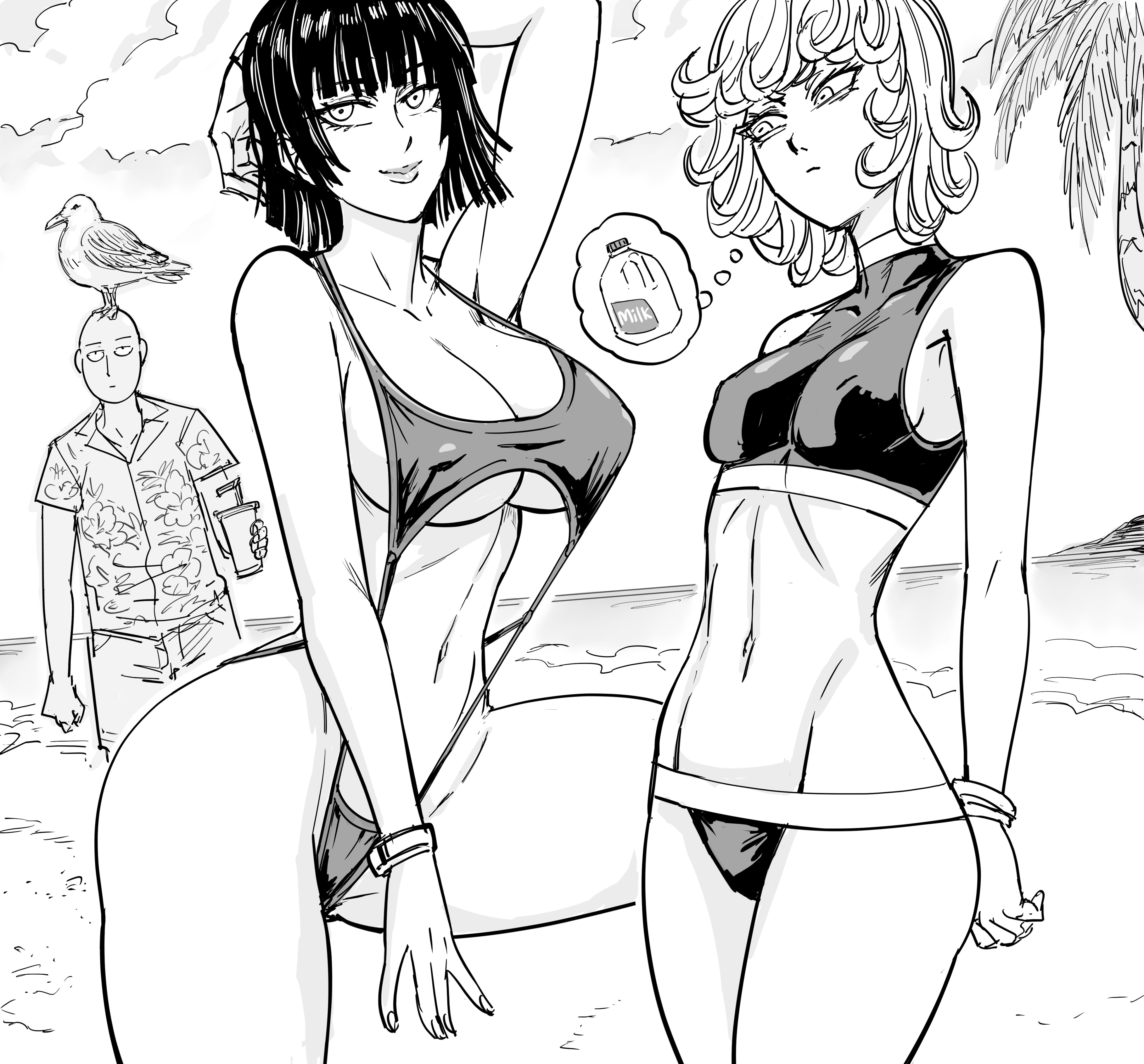 1boy, 2girls, absurd res, bb (baalbuddy), beach, big breasts, black and white, black hair, breast envy, breast size difference, breasts, character in background, esper sisters, female, fubuki (one-punch man), looking at breasts, looking at viewer, male, monochrome, multiple females, multiple girls, one-punch man, saitama, seagull, sling bikini, small breasts, smiling, smiling at viewer, swimsuit, tatsumaki, thick thighs, thought bubble