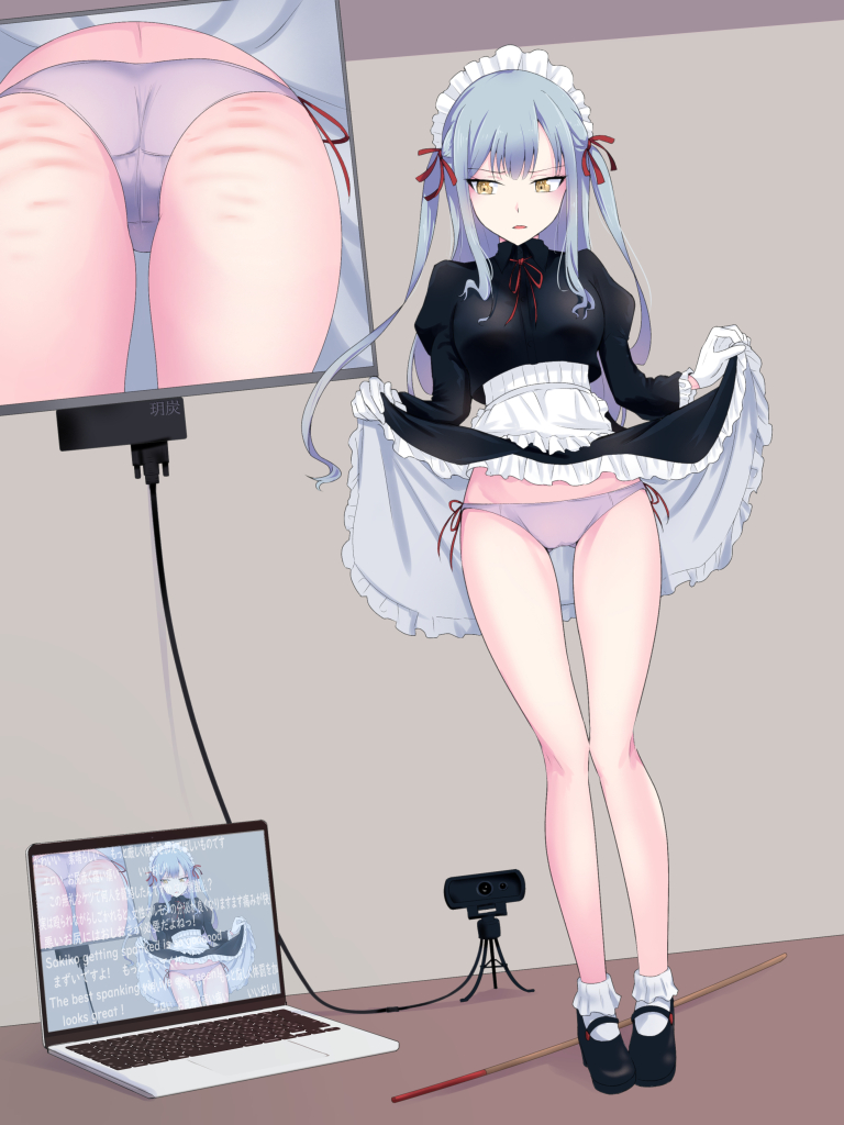 1girls ass ass_focus bang_dream! being_watched blue_hair camera crotch_seam dress dress_lift dress_up english_text filming japanese_text long_hair maid maid_headdress maid_outfit maid_uniform panties pink_panties recording ribbon shoes socks solo spank_marks spanked spanked_butt spanking thighs togawa_sakiko translation_request twintails underwear yellow_eyes yuetan_(ssvs73608)