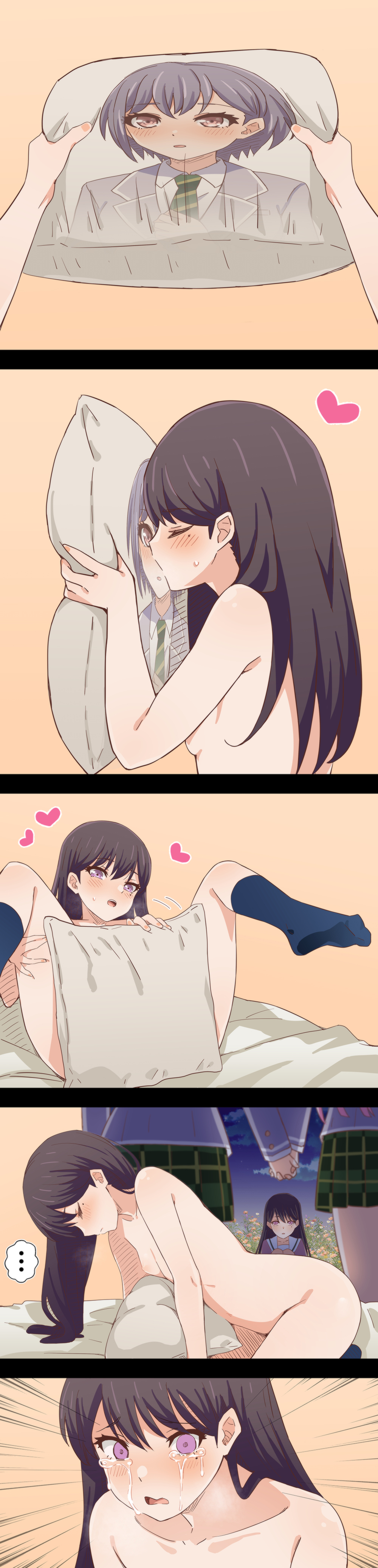 3girls 5koma bang_dream! black_hair chihaya_anon cloud comic completely_nude crying female_masturbation flashback flower heart holding_hands hugging_object kissing long_hair long_image love_triangle masturbation mole mole_under_eye multiple_girls nipples nude outdoors pillow pillow_hug purple_eyes remembering rivalry school_uniform shiina_taki skirt sky takamatsu_tomori yghm yuri