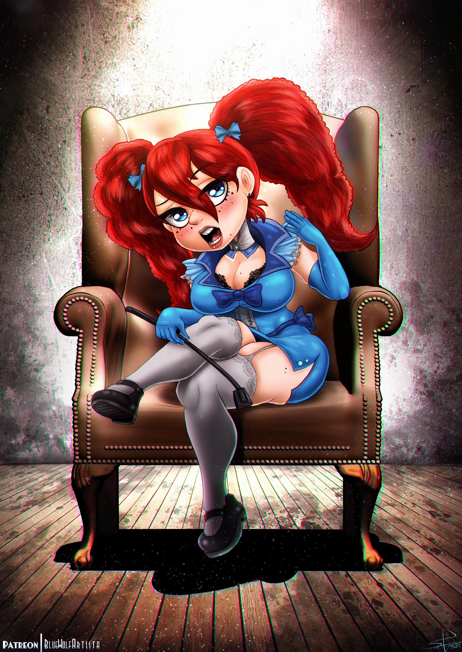 ass, big ass, big breasts, blue dress, blue eyes, bluewolfartista, breasts, doll, female, femdom, poppy (poppy playtime), poppy playtime, red hair, shortstack, solo, thick thighs
