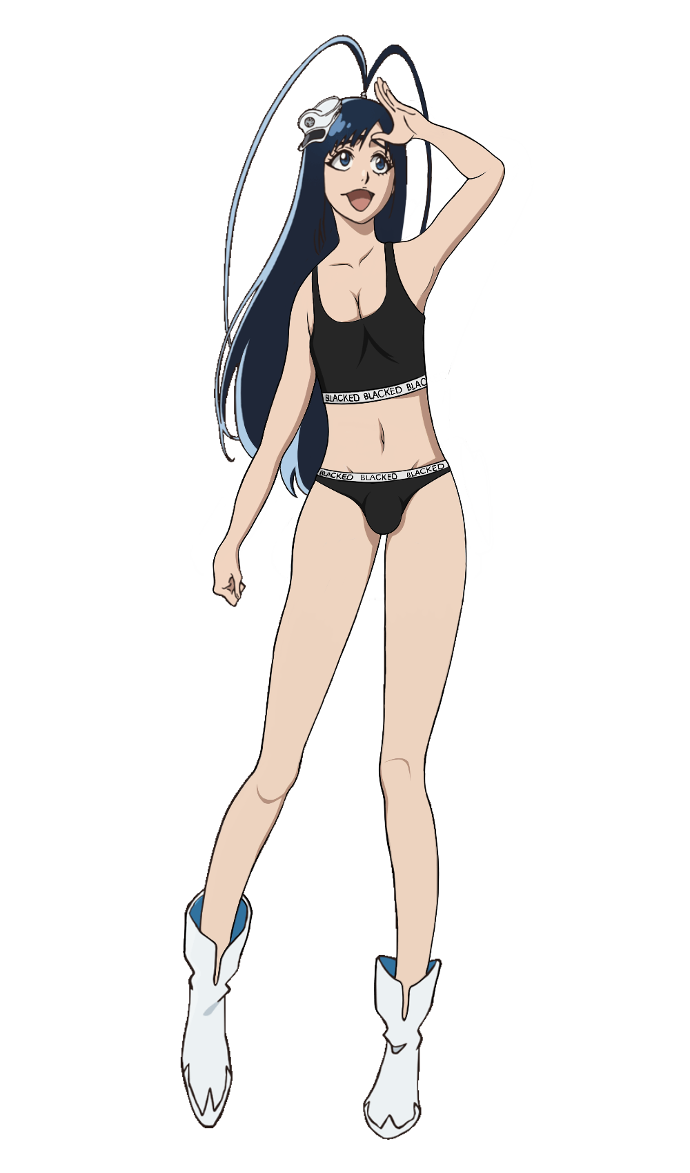 1boy, blacked, blacked clothing, bleach, bleach: the thousand-year blood war, blue eyes, blue hair, crop top, femboy, flat chest, giselle gewelle, male, male only, panties, solo, transparent background, trap