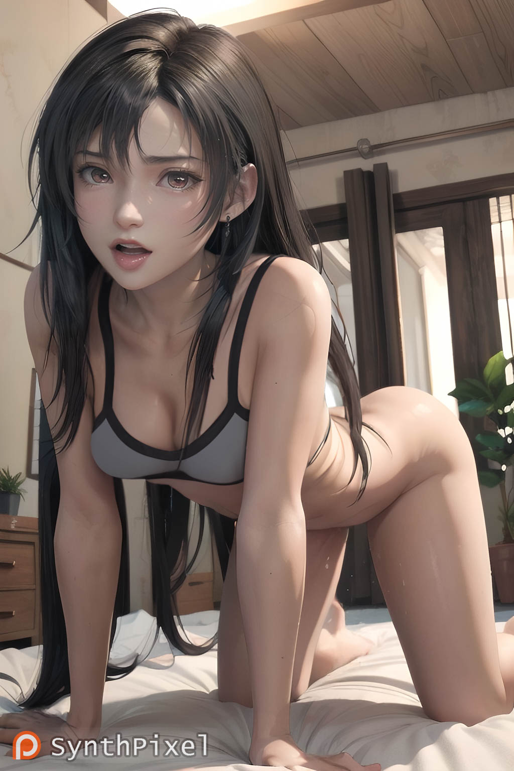 1girls, ai generated, all fours, bedroom, bra, breasts, brown eyes, brown hair, detailed, facing viewer, female, final fantasy, final fantasy vii, final fantasy vii remake, half naked, half-dressed, high quality, highres, indoors, light skin, light-skinned female, long hair, looking at viewer, messy hair, no panties, on bed, realistic, seductive eyes, seductive look, shadow, solo, sports bra, stable diffusion, suggestive look, synthpixel, tifa lockhart, underwear