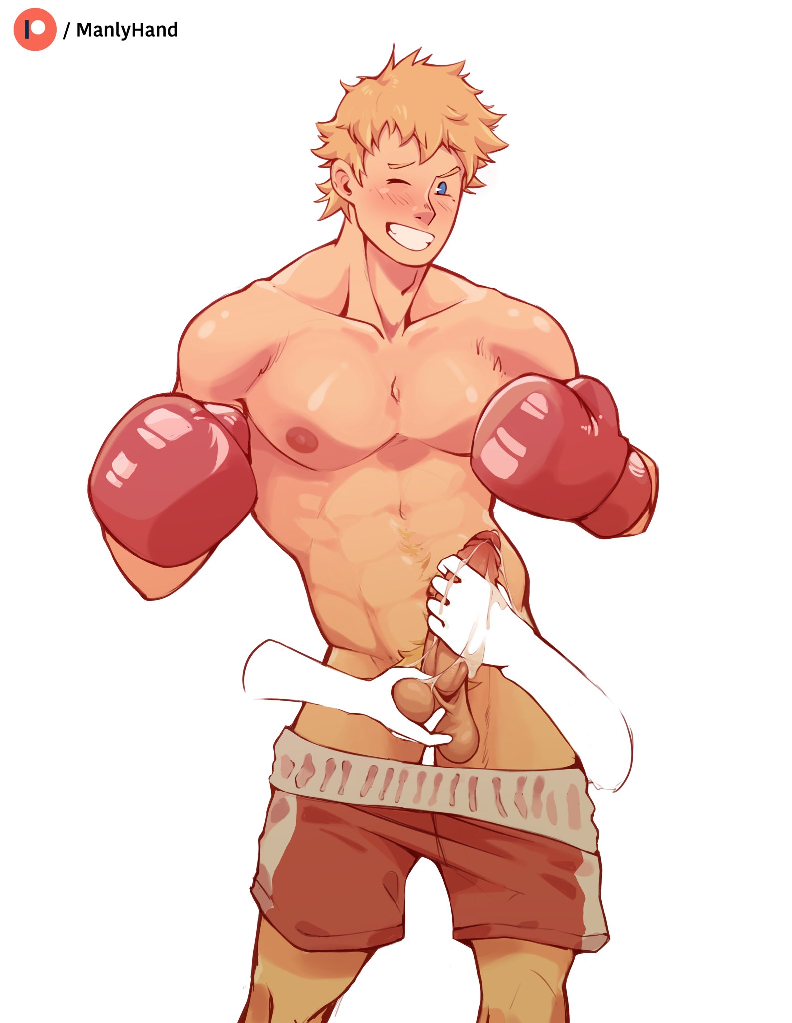 1boy, 2023, abs, bara, biceps, big bulge, blonde hair, blue eyes, blush, boxing gloves, disembodied hand, erection, exposed penis, gay, handjob, hi res, highres, huge bulge, looking at viewer, male, male focus, male nipples, male only, manlyhand, masculine male, mirio togata, muscles, muscular, muscular arms, muscular male, my hero academia, nipples, penis, pubic hair, underwear, underwear down, yaoi