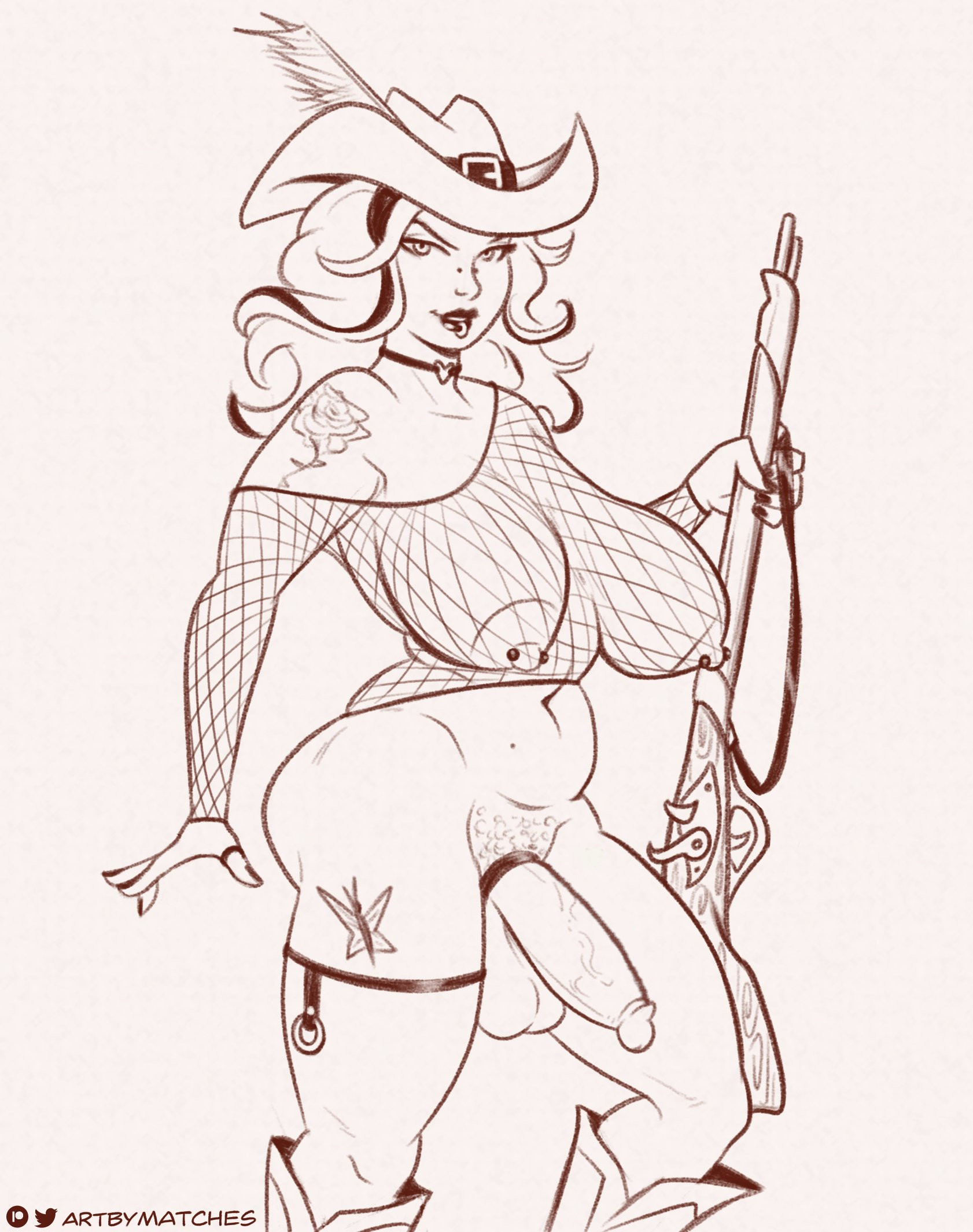 1futa, 2023, areolae, artbymatches, balls, big breasts, big penis, bottomless, breasts, clothed, clothing, cock ring, cow girl, cowboy hat, erection, female, fishnets, functionally nude, futa only, futanari, goth, gun, hat, human, intersex, line art, monochrome, mostly nude, nipples, penis, pubic hair, punk, solo, standing