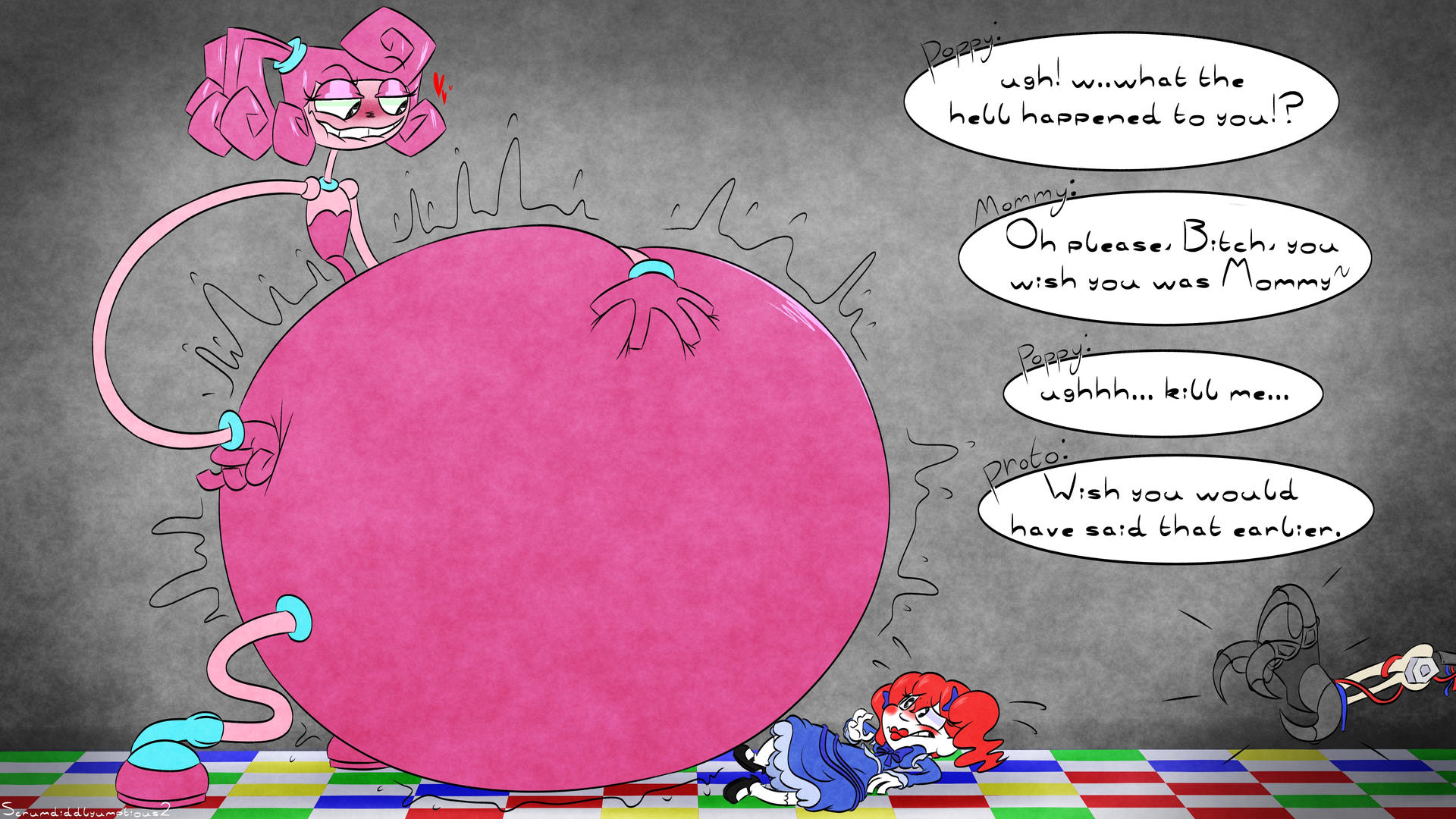 artist request, big belly, big breasts, breasts, female, green eyes, inflation, mommy long legs, pink body, pink hair, pink skin, poppy (poppy playtime), poppy playtime, prototype (poppy playtime), the prototype (poppy playtime), vore, vore belly
