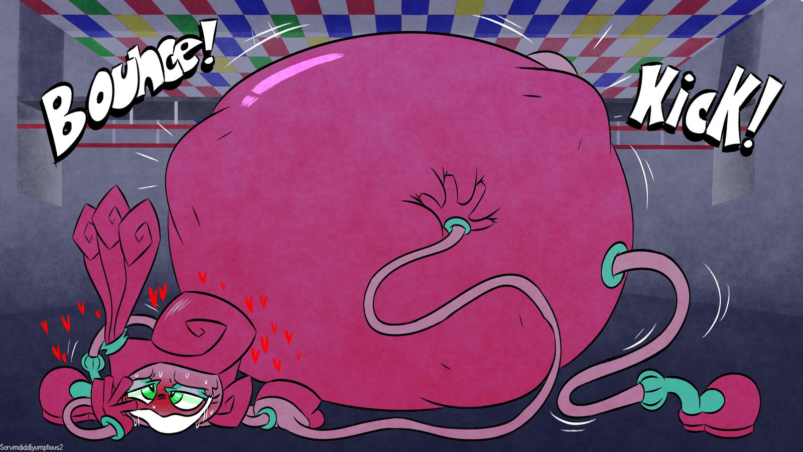 big belly, big breasts, breasts, female, green eyes, inflation, mommy long legs, pink body, pink hair, pink skin, poppy playtime, vore, vore belly