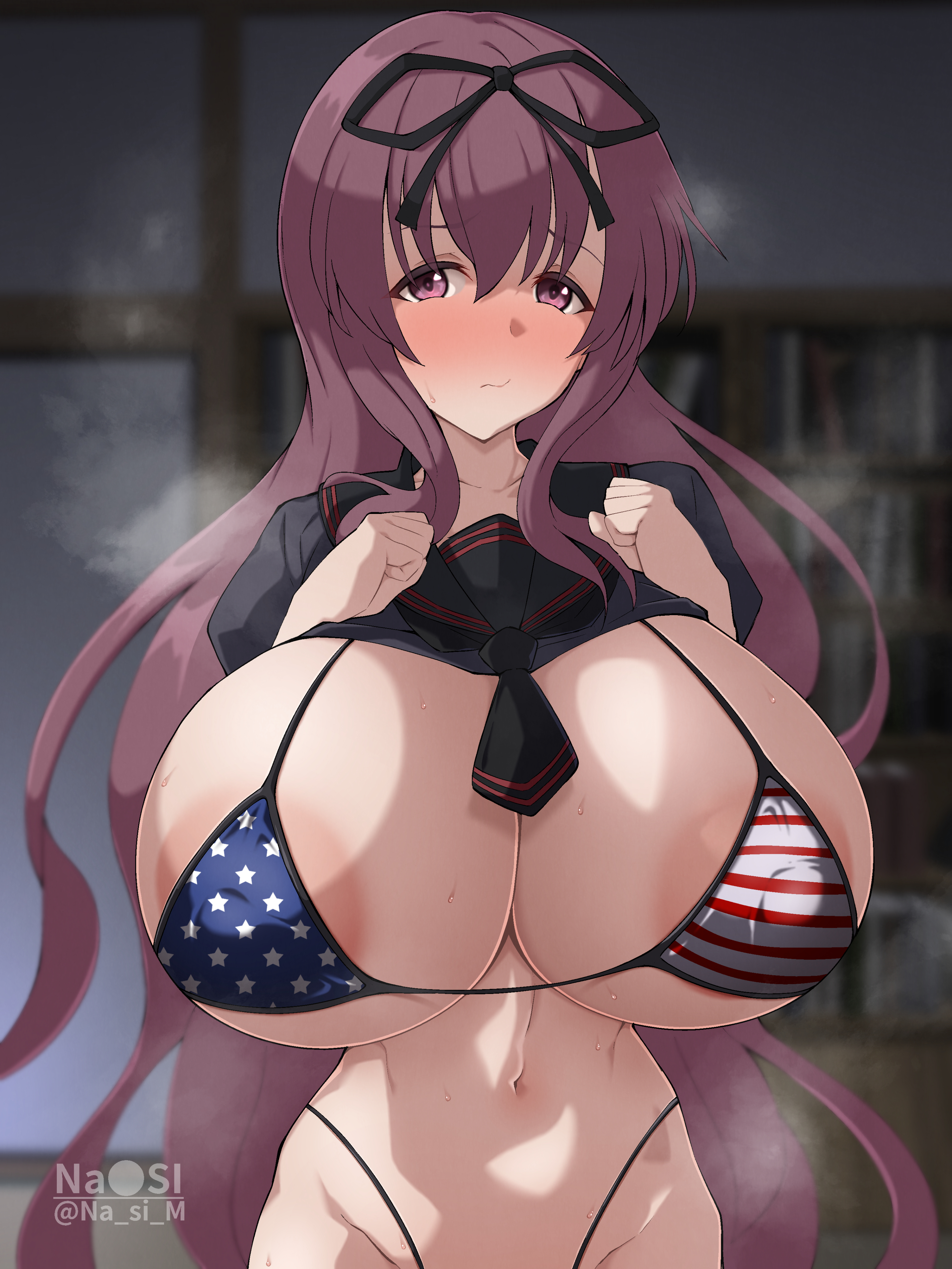 1girls, alternate version available, american flag, american flag bikini, areola, areola slip, areolae, big areola, big areolae, big breasts, big nipples, bimbo, blush, breasts, embarrassed, enormous breasts, female, female only, gigantic breasts, hair ribbon, huge areola, huge areolae, huge breasts, huge nipples, hyper breasts, large areola, large areolae, large breasts, large nipples, long hair, massive breasts, milf, murasaki (senran kagura), nanashi maru, nipples, nipples visible through clothing, purple eyes, purple hair, school uniform, senran kagura, solo, stars and stripes, steam, sweat, swimsuit