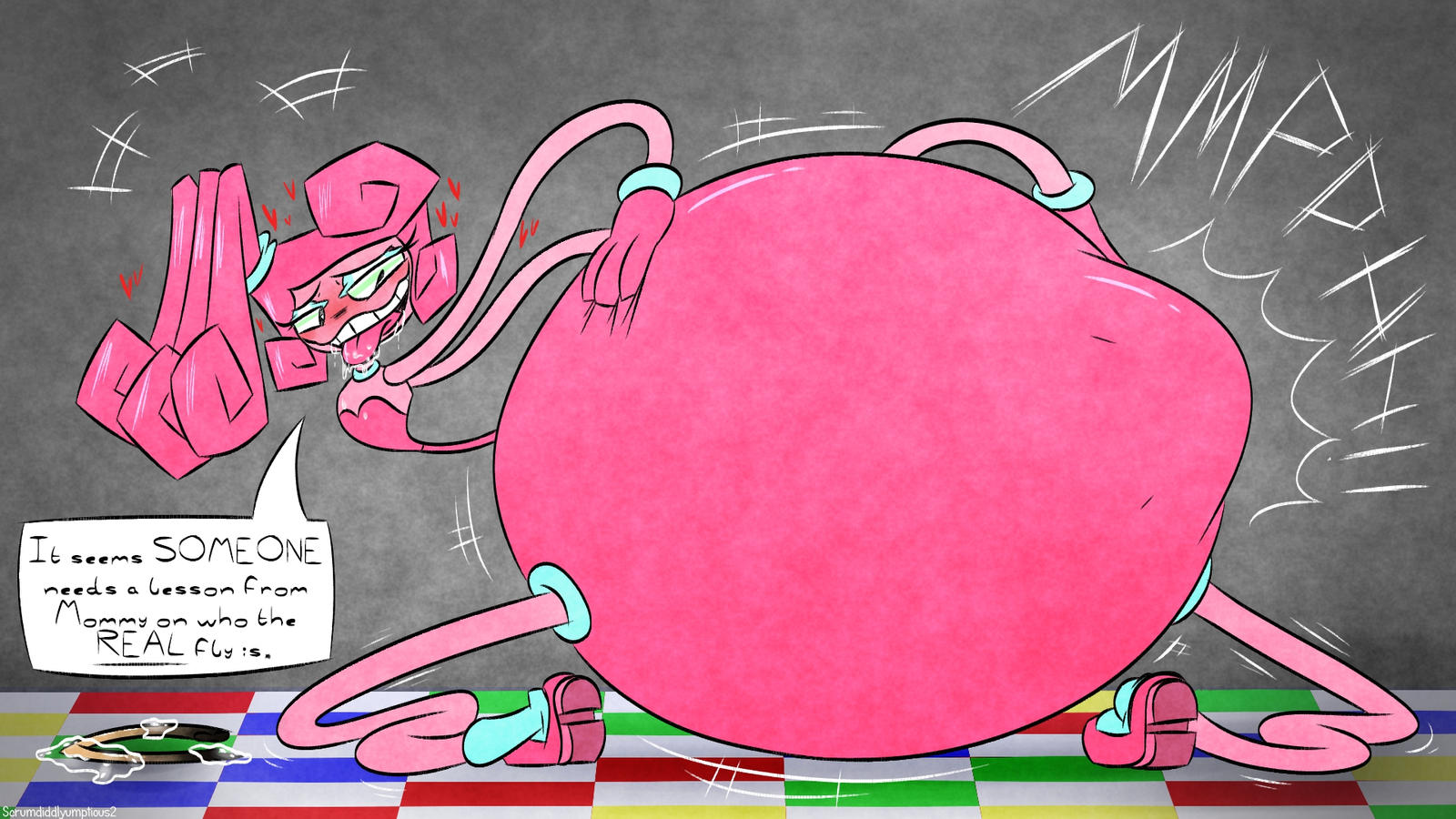 big belly, big breasts, breasts, female, green eyes, inflation, mommy long legs, pink body, pink hair, pink skin, poppy playtime, vore, vore belly