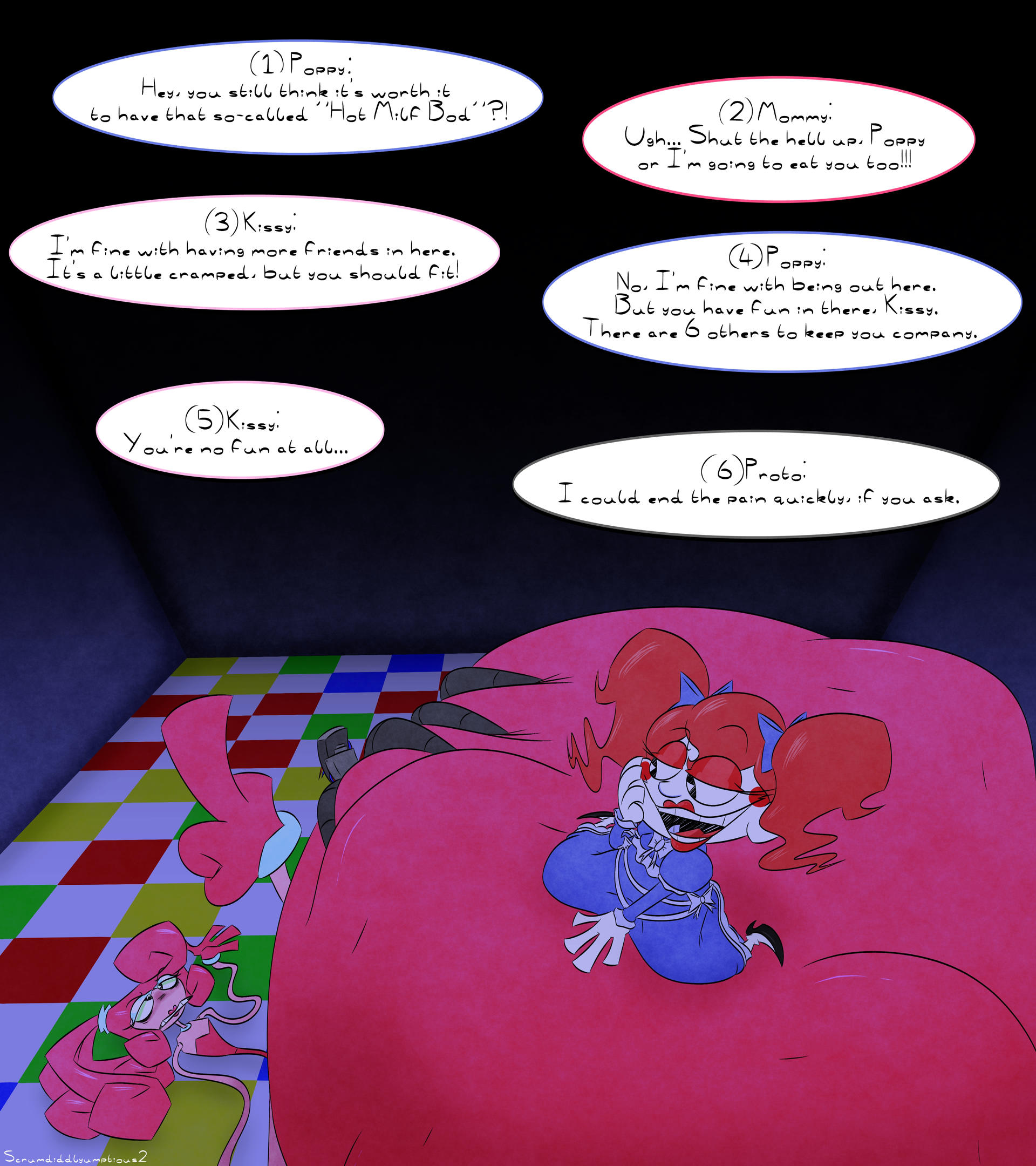 artist request, big belly, big breasts, breasts, female, first porn of character, green eyes, inflation, mommy long legs, pink body, pink hair, pink skin, poppy (poppy playtime), poppy playtime, prototype (poppy playtime), the prototype (poppy playtime), vore, vore belly