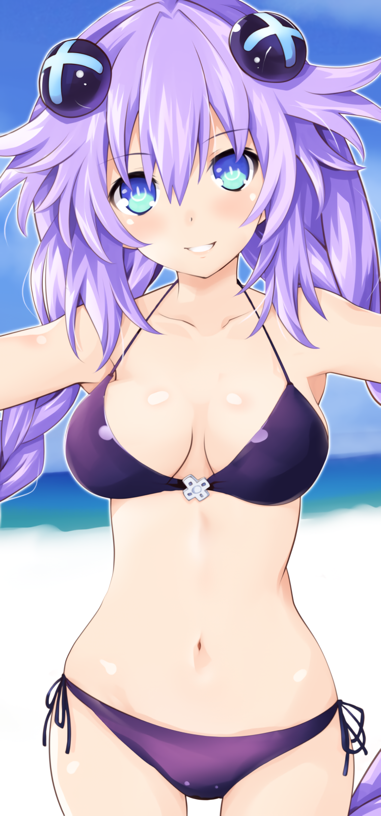 1girls beach bikini blue_eyes braided_hair female female_only hair_ornament iwashi_dorobou_-r- light-skinned_female light_skin long_hair looking_at_viewer medium_breasts neptune_(neptunia) neptunia_(series) pale-skinned_female pale_skin power_symbol-shaped_pupils purple_hair purple_heart_(neptunia) smiling solo solo_female