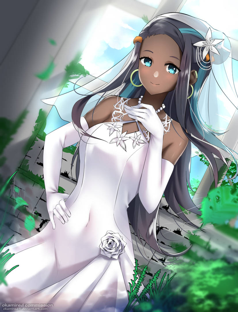 1girls black_hair blue_eyes blue_hair breasts bride dress earclip earrings elbow_gloves gloves hair_bun hand_on_hip hoop_earrings long_hair looking_at_viewer medium_breasts multicolored_hair necklace nessa_(pokemon) nintendo okamired pearl_necklace pokemon pokemon_ss veil wedding_dress white_dress window