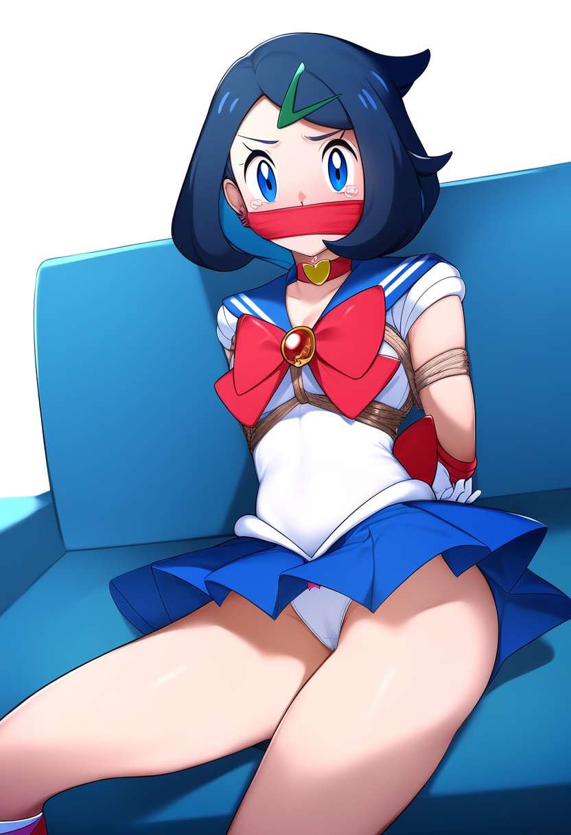 ai_generated arms_tied_behind_back bishoujo_senshi_sailor_moon blue_eyes blue_hair bondage clothing cosplay gag gagged liko_(pokemon) looking_at_viewer on_couch over_the_mouth_gag panties pokemon sailor_moon_(cosplay) skirt tearing_up