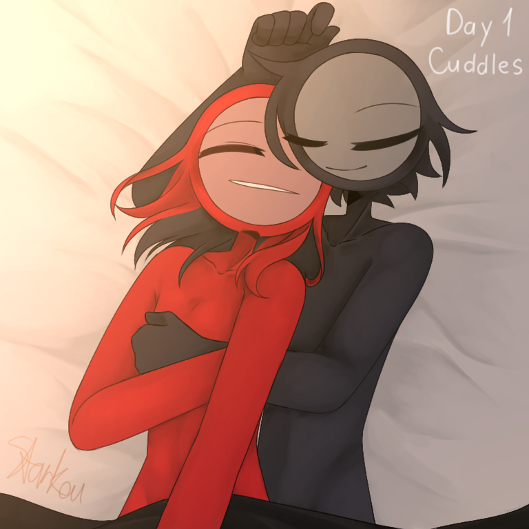 2boys alan_becker bed bedroom black_body black_hair circle_head gay gay_sex hand_on_chest hugging hugging_from_behind long_hair male male/male male_only red_body red_eyes red_hair red_skin simple_background sleeping starkai stickman the_chosen_one_(animator_vs_animation) the_dark_lord_(animator_vs_animation) wholesome yaoi