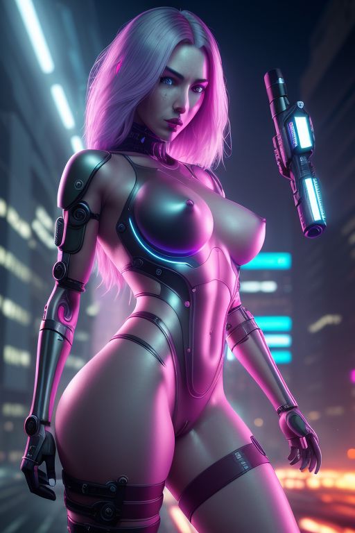 ai_generated breasts cybernetic_arm cybernetic_limb cybernetics cyberpunk cyberpunk_2077 neon_lights sexy_pose vagina