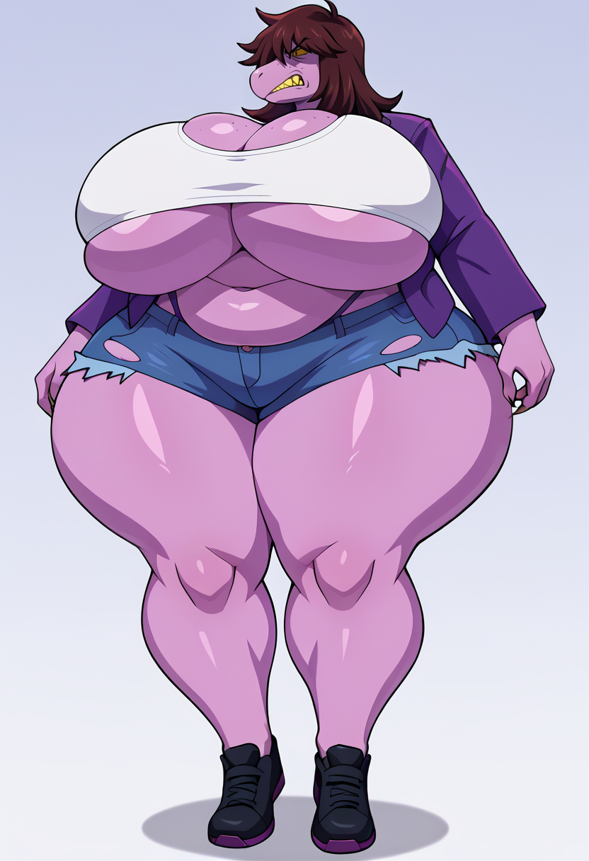 ai_generated ambrose anthro bursting_breasts chubby curvaceous deltarune dinosaur furry gigantic_breasts huge_breasts scalie self_upload short_shorts stable_diffusion susie_(deltarune) tagme thick_thighs thong_straps tight_clothing underboob venus_body wide_hips