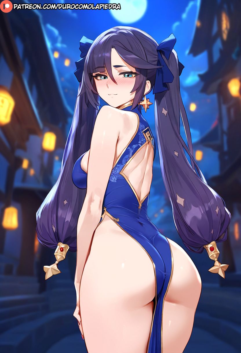 1girls, ai generated, ass, breasts, china dress, cowboy shot, dclp, female, genshin impact, huge ass, medium breasts, mona (genshin impact), night, outdoors, standing