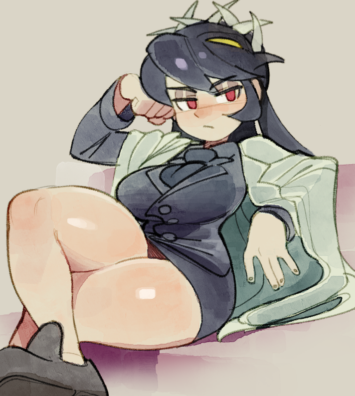 black_footwear black_hair blush breasts closed_mouth clothing coat crossed_legs female filia_(skullgirls) large_breasts legwear long_hair looking_at_viewer necktie pencil_skirt red_eyes samson_(skullgirls) shirt shoes sitting skirt skullgirls solo thick_thighs thighs uniform wamudraws