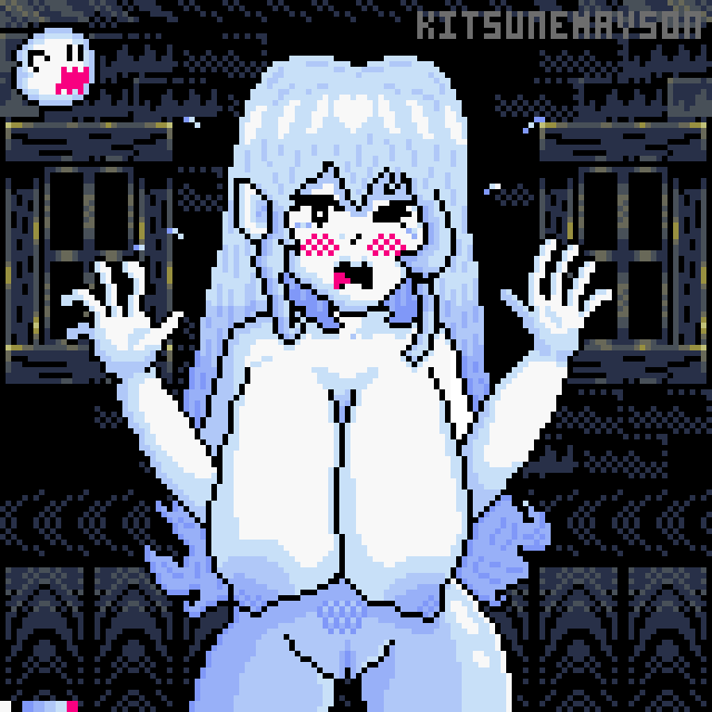 2d big_breasts blush boo_(mario) cute_face ghost ghost_girl ghost_nipples hanging_breasts kitsunemayson large_areolae long_hair mario_(series) nipples nude nude_female oiled panic pixel_art pubic_hair pussy retro_artstyle scared_expression shiny_skin super_mario_world white_hair white_skin