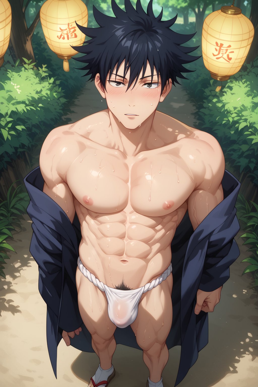 1boy abs ai_generated another_megumi bangs bara bare_pectorals black_hair blush bulge collarbone day fundoshi fushiguro_megumi hair_between_eyes japanese_clothes jujutsu_kaisen kimono lantern large_pectorals looking_at_viewer male_focus male_pubic_hair male_underwear muscular muscular_male nature navel nipples off_shoulder open_clothes outdoors parted_lips pectorals pubic_hair sandals short_hair solo spiked_hair standing sweat underwear wet wet_clothes