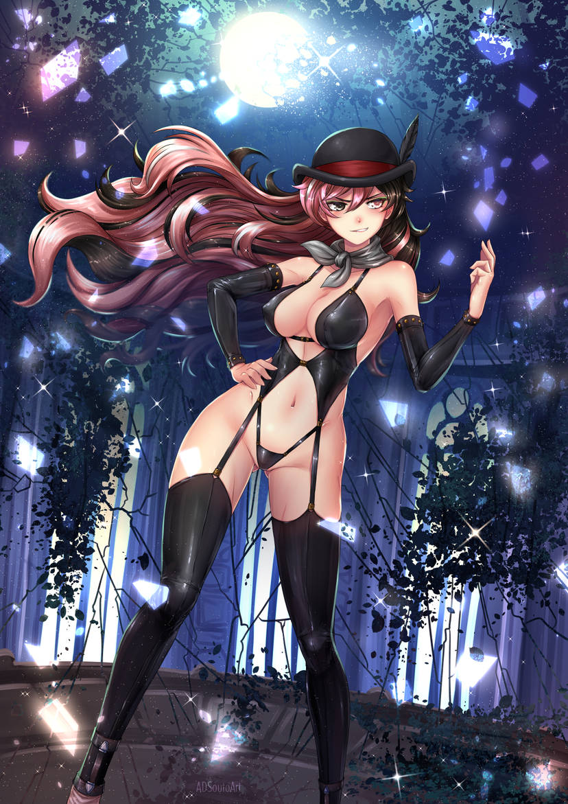 1girls adsouto black_corset black_panties breasts brown_eyes brown_hair corset detached_sleeves garter_straps hand_on_hip hat heterochromia long_hair looking_at_viewer medium_breasts midriff moon multicolored_hair navel neo_(rwby) night panties pink_eyes pink_hair rwby scarf thighhighs