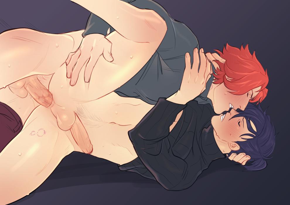 2boys anal anus arms_around_neck big_penis black_background black_shirt blue_hair blush clenched_teeth closed_eyes clothes_lift clothes_pull commentary dark_blue_hair english_commentary erection feet_out_of_frame felix_hugo_fraldarius fire_emblem fire_emblem:_three_houses grey_shirt hand_on_another's_head hand_on_another's_thigh human human_only kukumomo leg_up light-skinned_male light_skin long_sleeves lying male male_focus male_only male_penetrated multiple_boys on_side paid_reward_available pants pants_pull penetration penis perineum ponytail pubic_hair red_hair red_pants sex shirt shirt_lift short_ponytail simple_background spread_legs sweat sweatdrop sylvain_jose_gautier teeth testicles turtleneck yaoi