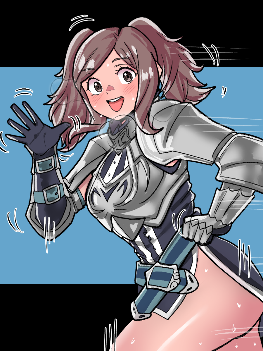 1girl ass brown_hair clothed cynthia_(fire_emblem) female_only fire_emblem fire_emblem_awakening mnejing motion_lines pulling_down_skirt solo solo_female steamy_breath sweating tagme