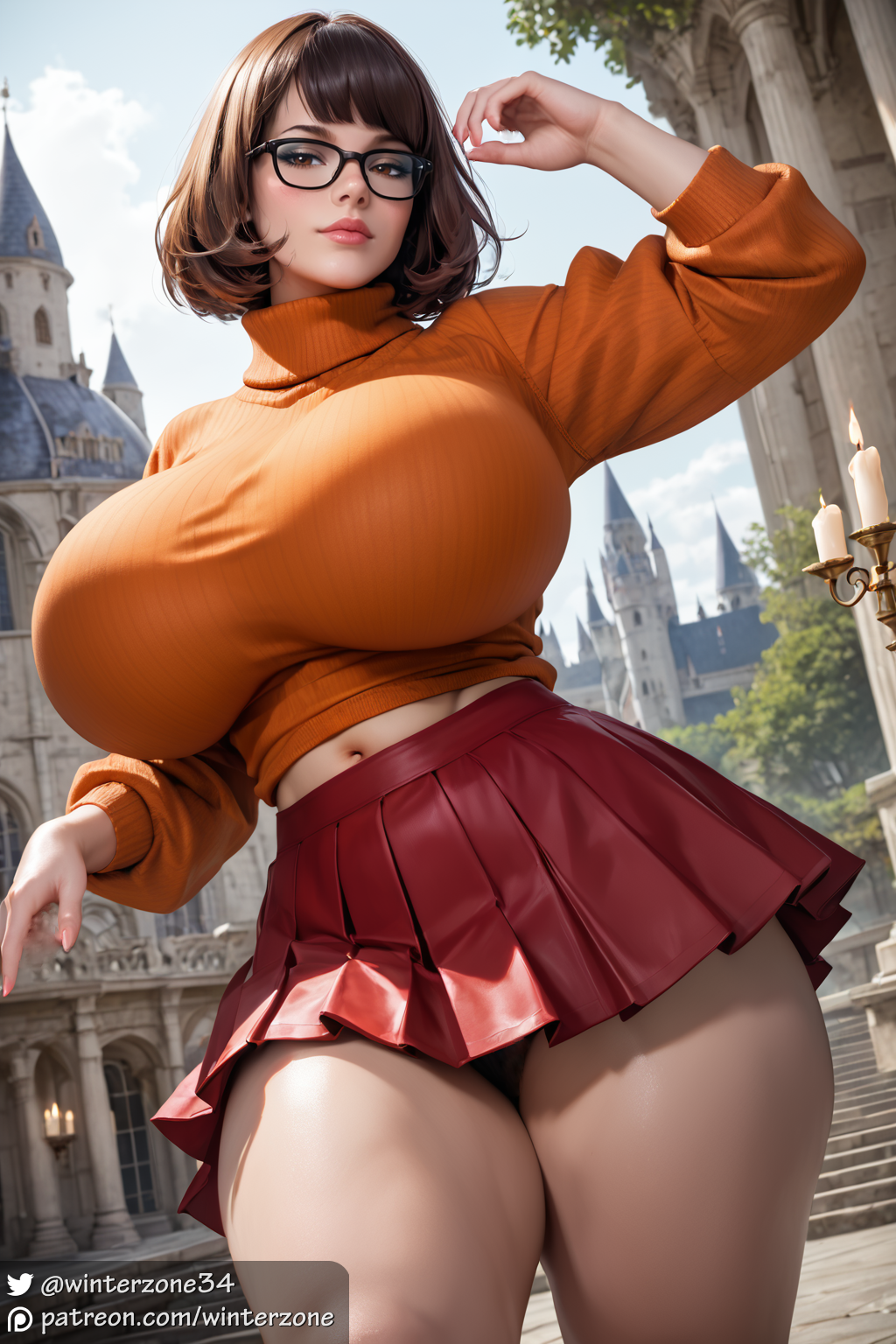 ai_generated big_breasts brown_eyes brown_hair female female_focus female_only scooby-doo short_hair skirt stable_diffusion thick_thighs velma_dinkley winterzone