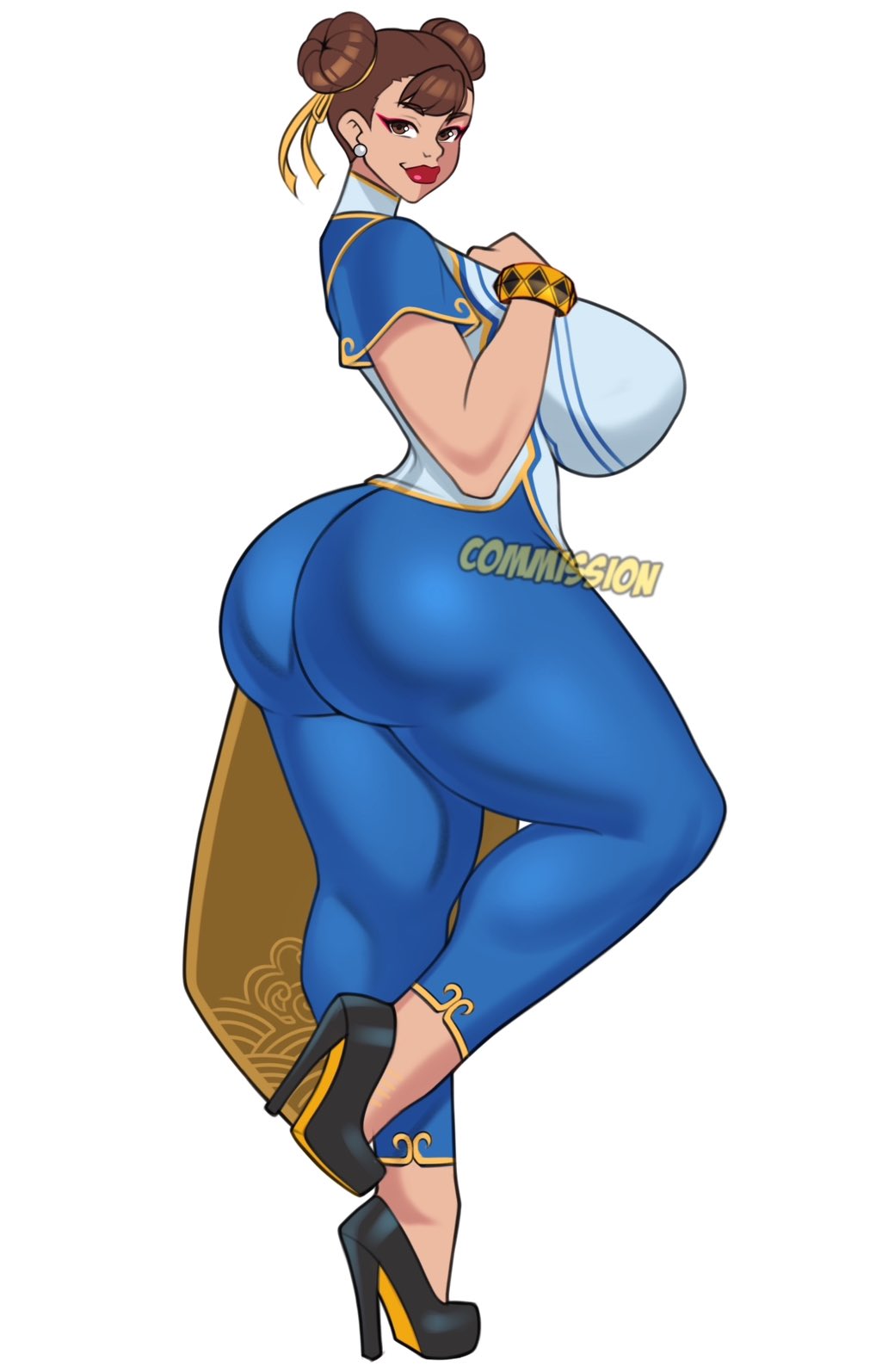 1girls 2024 ass big_ass big_breasts brown_eyes brown_hair capcom chun-li female female_only hair_buns heels hi_res huge_breasts jakuson_z looking_at_viewer red_lipstick smiling smiling_at_viewer solo street_fighter street_fighter_6 thick_ass thick_thighs twin_buns white_background