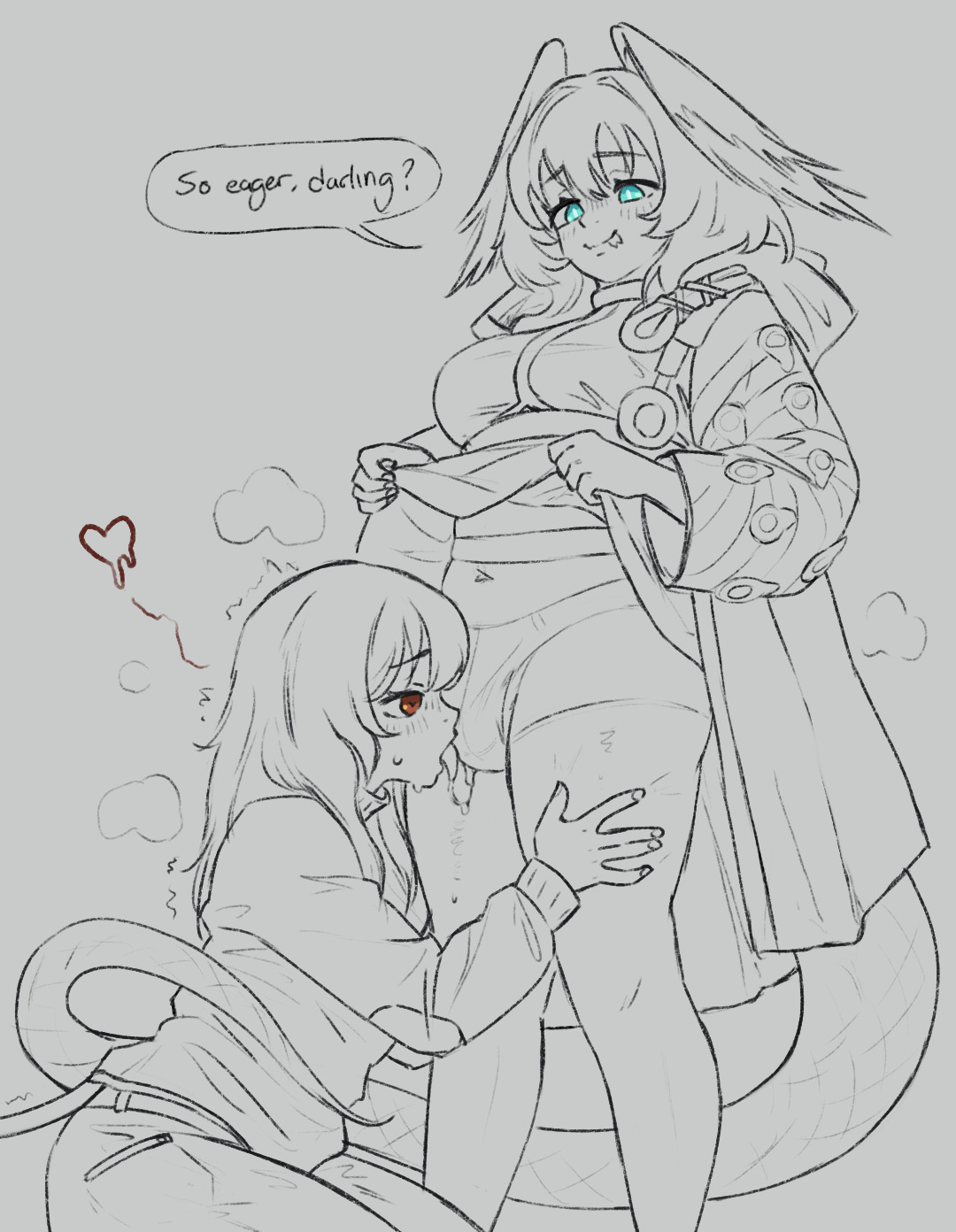 1futa, 1girls, arknights, blue eyes, breasts, bulge, bulge lick, caffichai, clothed, clothing, cock bulge, drooling, duo, english text, female, futa on female, futanari, ho'olheyak (arknights), human, intersex, mostly clothed, panties, penis, red eyes, standing, tail, text, thighhighs, thighs