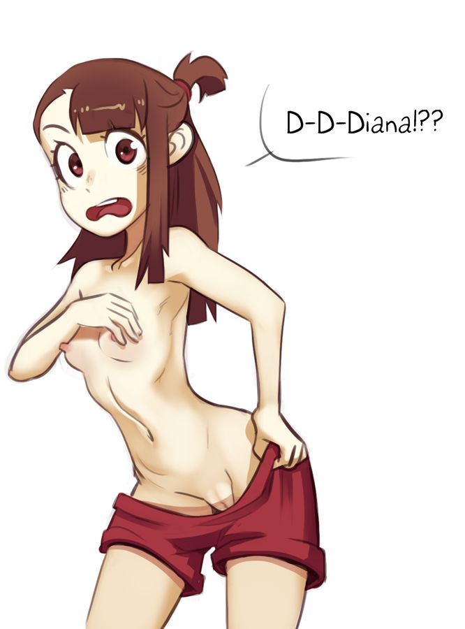 1girls akko_kagari atsuko_kagari breasts brown_hair clothed female female_only lifting_shirt little_witch_academia nipples offscreen_character partially_clothed polyle pussy shorts solo walked_in_on