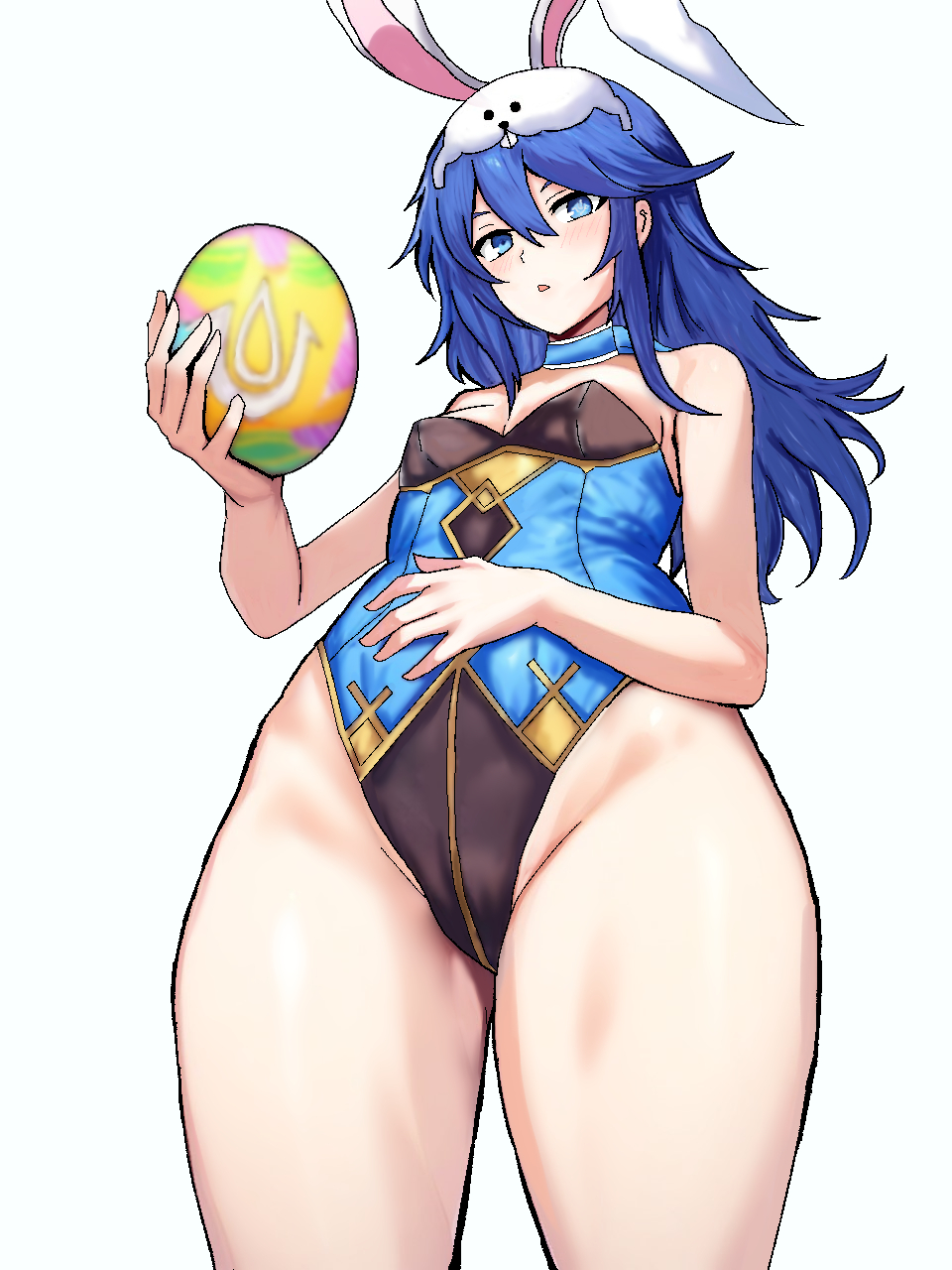 1girls blue_eyes blue_hair bunny_ears bunny_girl bunnysuit egg fake_animal_ears fire_emblem fire_emblem_awakening fire_emblem_heroes holding_object looking_at_viewer lucina_(fire_emblem) lucina_(spring)_(fire_emblem) nintendo open_mouth small_breasts sunset_hiroto thick_thighs thighs