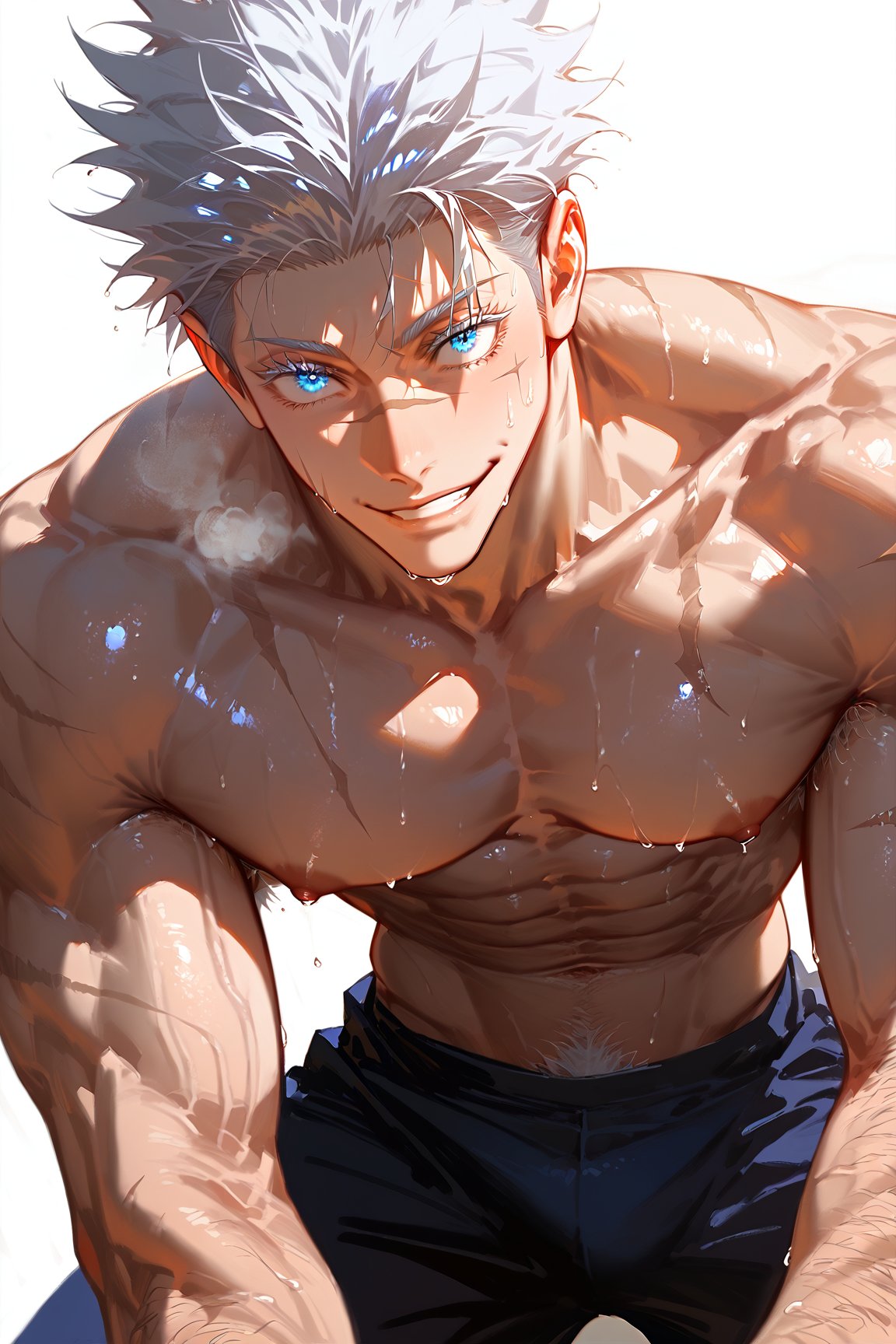 1boy abs ai_generated bara black_pants blue_eyes goldenfieldszho jujutsu_kaisen large_pectorals looking_at_viewer male_focus muscular muscular_male navel navel_hair nipples pants pectorals satoru_gojo scar scar_on_chest short_hair simple_background smile solo spiked_hair sweat topless_male veins white_background white_hair