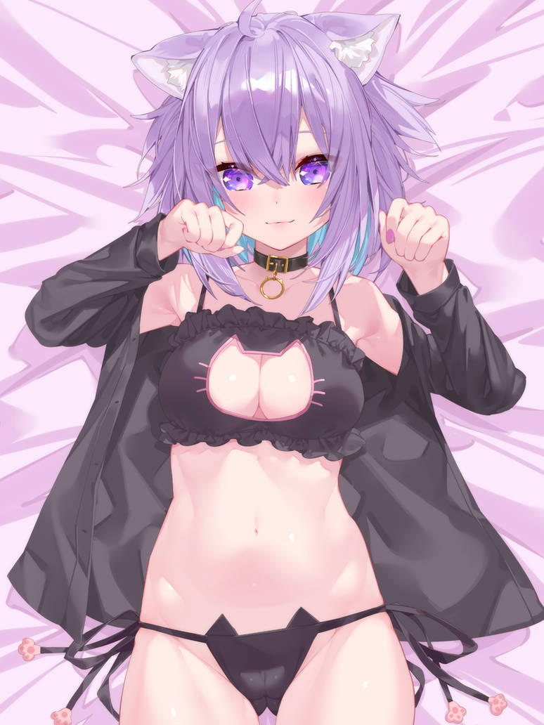 1girls black_bra black_lingerie black_panties black_shirt blue_hair bra breasts cat_ears cat_keyhole_bra cat_keyhole_lingerie cat_lingerie cat_tail catgirl choker cleavage_cutout clothing_cutout hololive large_breasts lingerie looking_at_viewer midriff multicolored_hair navel nekomata_okayu open_shirt painted_fingernails panties purple_eyes purple_hair shirt short_hair side-tie_panties virtual_youtuber waterring