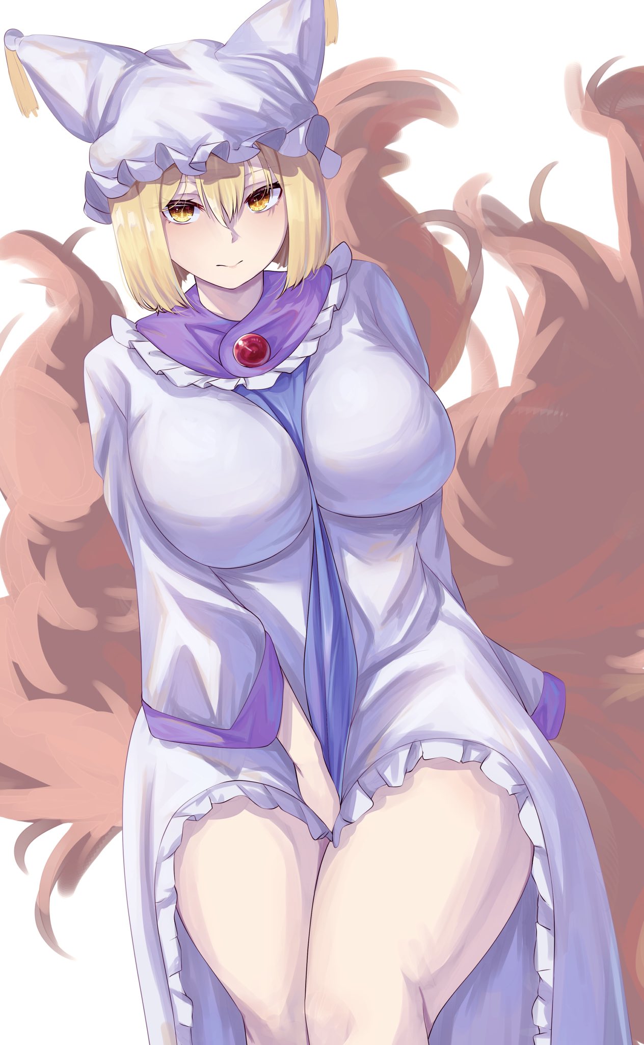 big_breasts breasts hand_in_pants mirufui ran_yakumo thick_thighs thighs touhou