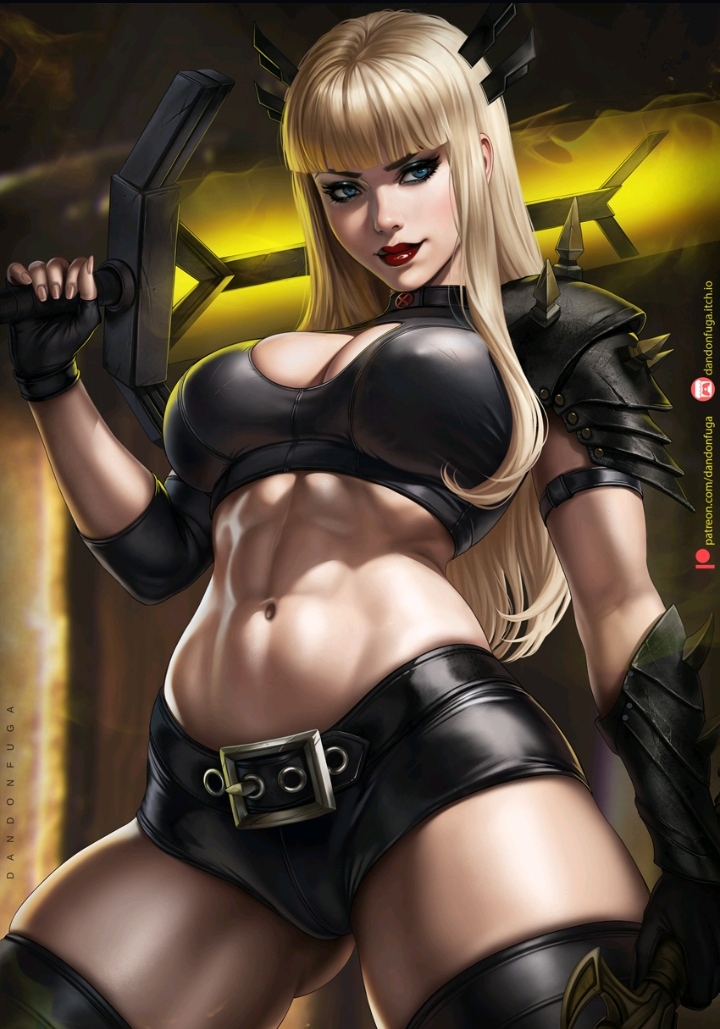 1girls 2024 abs black_clothing black_legwear black_shorts blonde_hair blue_eyes boob_window clothed clothed_female dandon_fuga deviantart deviantart_link female female_only fit_female holding_sword illyana_rasputin light-skinned_female magik_(illyana_rasputin) marvel marvel_comics midriff minishorts patreon patreon_logo patreon_username red_lips red_lipstick russian russian_girl shorts solo solo_female spikes sword weapon x-men