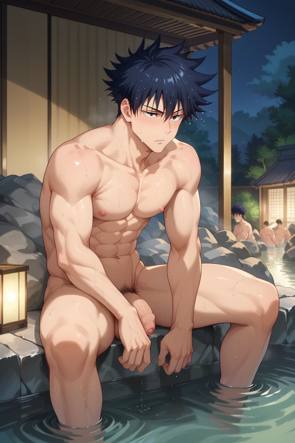 4boys abs ai_generated another_megumi bangs bara black_hair blush closed_mouth completely_nude flaccid fushiguro_megumi gay jujutsu_kaisen large_pectorals male_focus male_pubic_hair multiple_boys muscular muscular_male navel night nipples nude onsen outdoors partially_submerged pectorals penis pubic_hair short_hair sitting solo_focus spiked_hair testicles thighs toned_male uncensored water wet