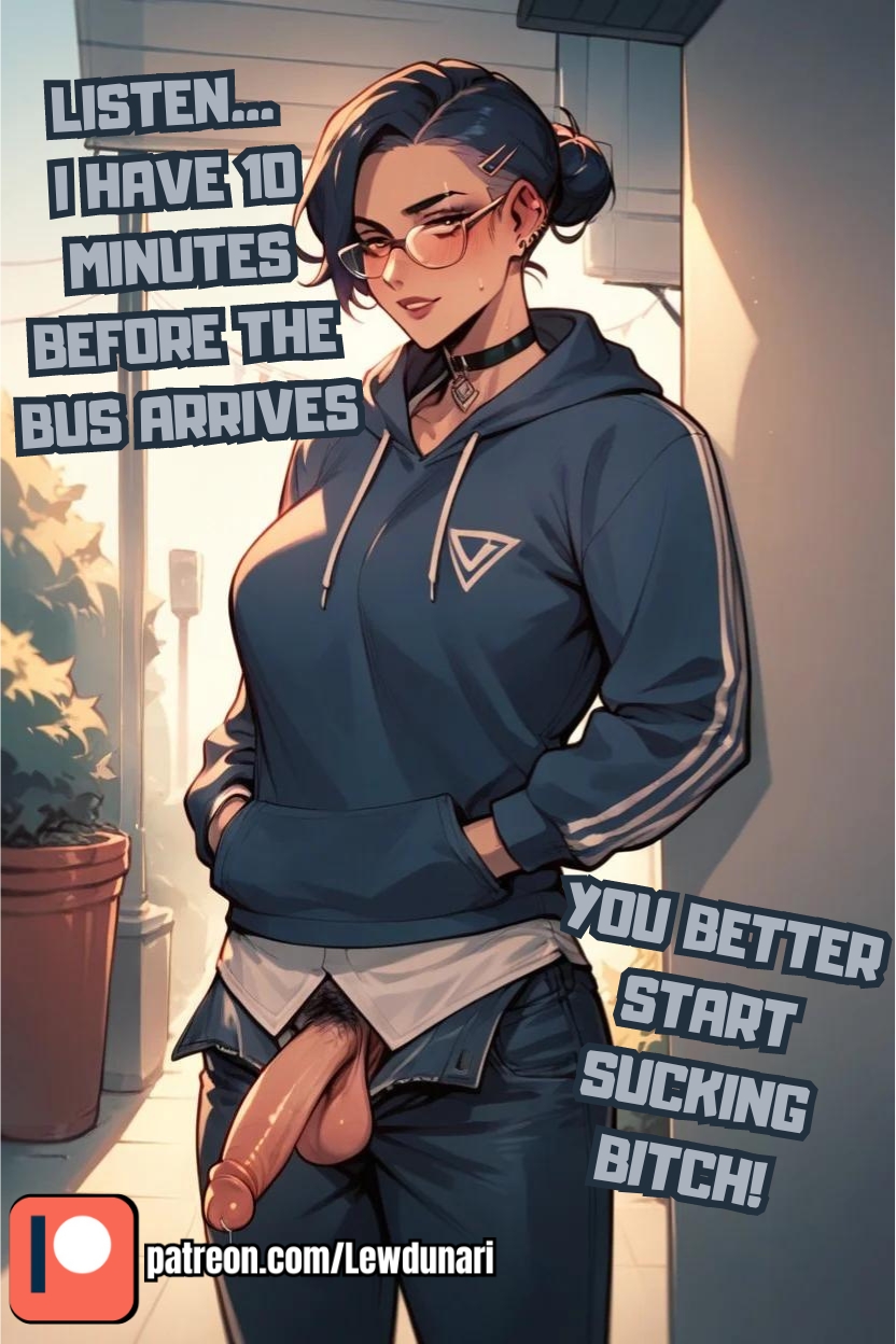 1futa, ai generated, breasts, choker, clothed, dialogue, dominant, futadom, futanari, intersex, jacket, jeans, lewdunari, penis, pubic hair, small breasts, small cock, small penis