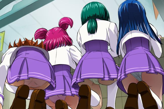 4girls akimoto_komachi artist_request beige_skin blue_hair blue_panties brown_loafers clothing color dutch_angle female female_only ginger_hair green_hair green_panties group hiding human knee_socks kneehighs kneesocks loafers long_hair medium_hair minazuki_karen multiple_girls natsuki_rin on_knees orange_hair panties pink_hair pink_panties ponytail precure pretty_cure school_uniform short_skirt skirt socks stockings tagme twintails upskirt voyeurism white_panties white_socks yumehara_nozomi