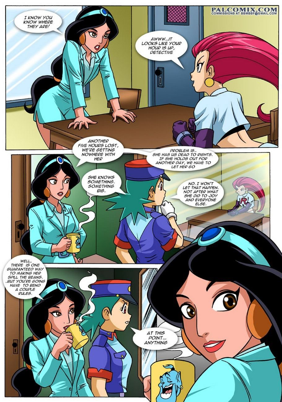 aladdin comic disney disney_princess green_hair i_fought_the_law_and_the_law_won_(comic) jessie_(pokemon) junsar_(pokemon) officer_jenny_(pokemon) palcomix pokemon policewoman princess_jasmine red_hair yuri