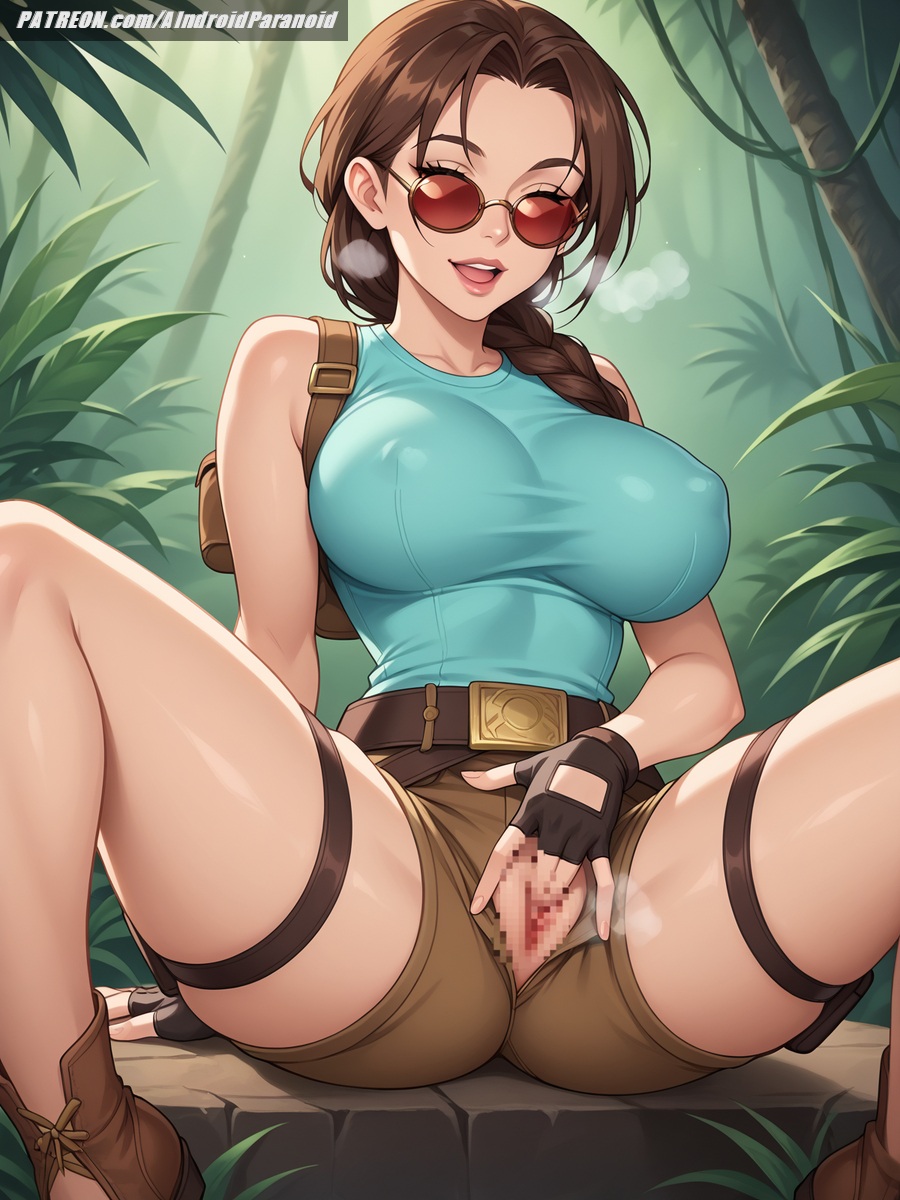 ai_generated aindroidparanoid ass big_ass big_breasts braid breasts brown_eyes brown_hair busty fat_ass female female_only fingering fingering_pussy glasses hips huge_breasts jungle lara_croft lara_croft_(classic) large_ass large_breasts legs masturbating masturbation nipples outdoors spread_legs spread_pussy stable_diffusion standing sunglasses tank_top thick_ass thick_thighs tomb_raider