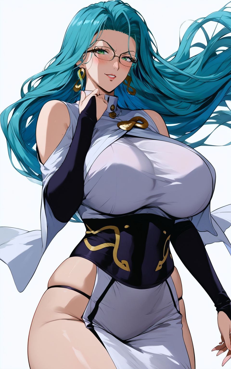 1girls ai_generated bare_shoulders big_breasts blush clothed clothing color female female_focus female_only glasses green_eyes green_hair hi_res large_breasts light-skinned_female light_skin long_hair looking_at_viewer one-punch_man psykos solo solo_female tagme thick_thighs