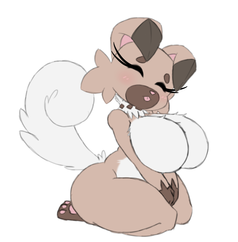 anthro big_breasts bit-small blush breasts cheek_tuft closed_eyes eyelashes facial_tuft female huge_breasts neck_tuft nintendo pokémon_(species) pokemon rockruff simple_background tongue tongue_out tuft video_games