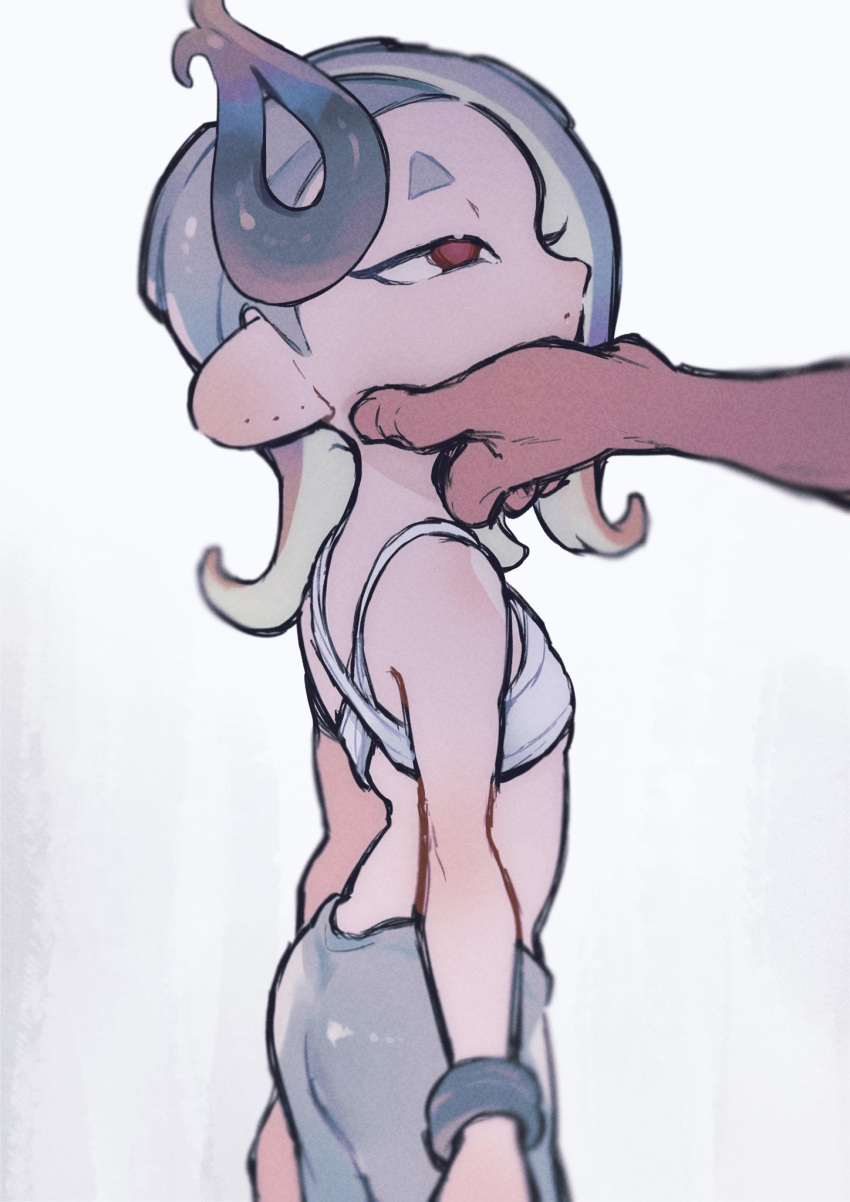 2024 2girls alternate_costume black_eyelashes bracelets chest_sarashi clothed clothing digital_drawing_(artwork) digital_media_(artwork) empty_eyes eyelashes grand_festival_(splatfest) grey_eyebrows grey_hair grey_pants hand_on_another's_chin headwear hi_res jewelry long_hair marine marine_humanoid medium_breasts mollusk mollusk_humanoid nintendo octoling official_alternate_costume pants red_eyes sarashi shiver_(grand_festival) shiver_(splatoon) shiver_hohojiro short_eyebrows splatoon splatoon_(series) splatoon_3 standing teal_clothing teal_hair team_future_(splatfest) tentacle tentacle_hair thick_eyebrows white_background