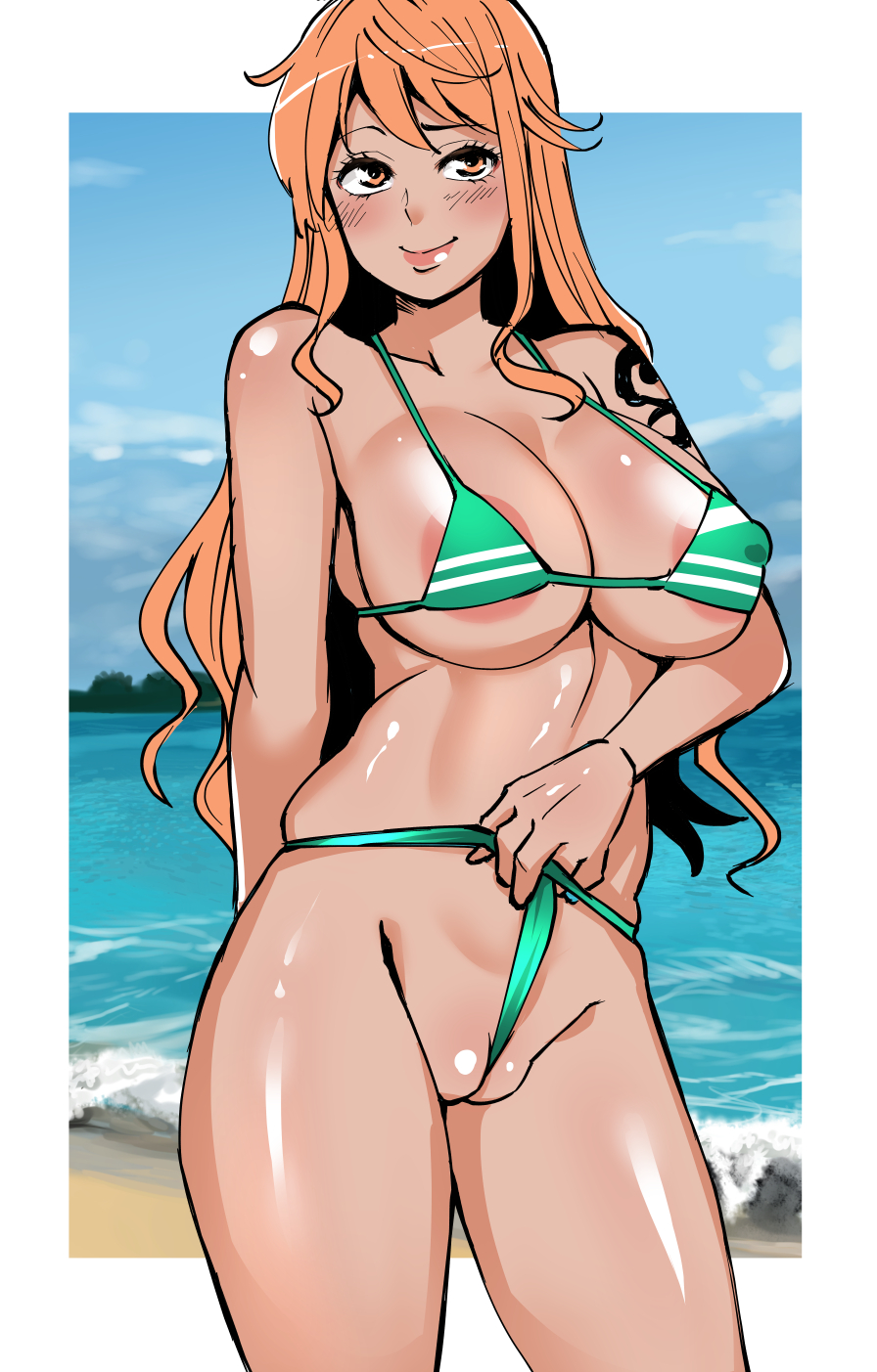 1girls between_labia bikini bikini_bottom_pull blush female female_only green_bikini light-skinned_female light_skin long_hair nami nami_(one_piece) nipple_bulge one_piece orange_eyes orange_hair post-timeskip shaved_pussy shiraue_yuu solo solo_female striped_bikini tattoo tattoo_on_shoulder