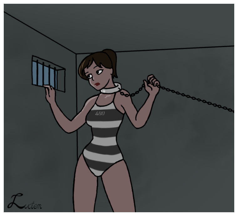 bondage bound brown_hair chains collar female female_only femsub fully_clothed hourglass_figure luctem metal_collar png prison_cell prison_uniform prisoner revealing_clothes small_waist solo solo_female tight_clothing